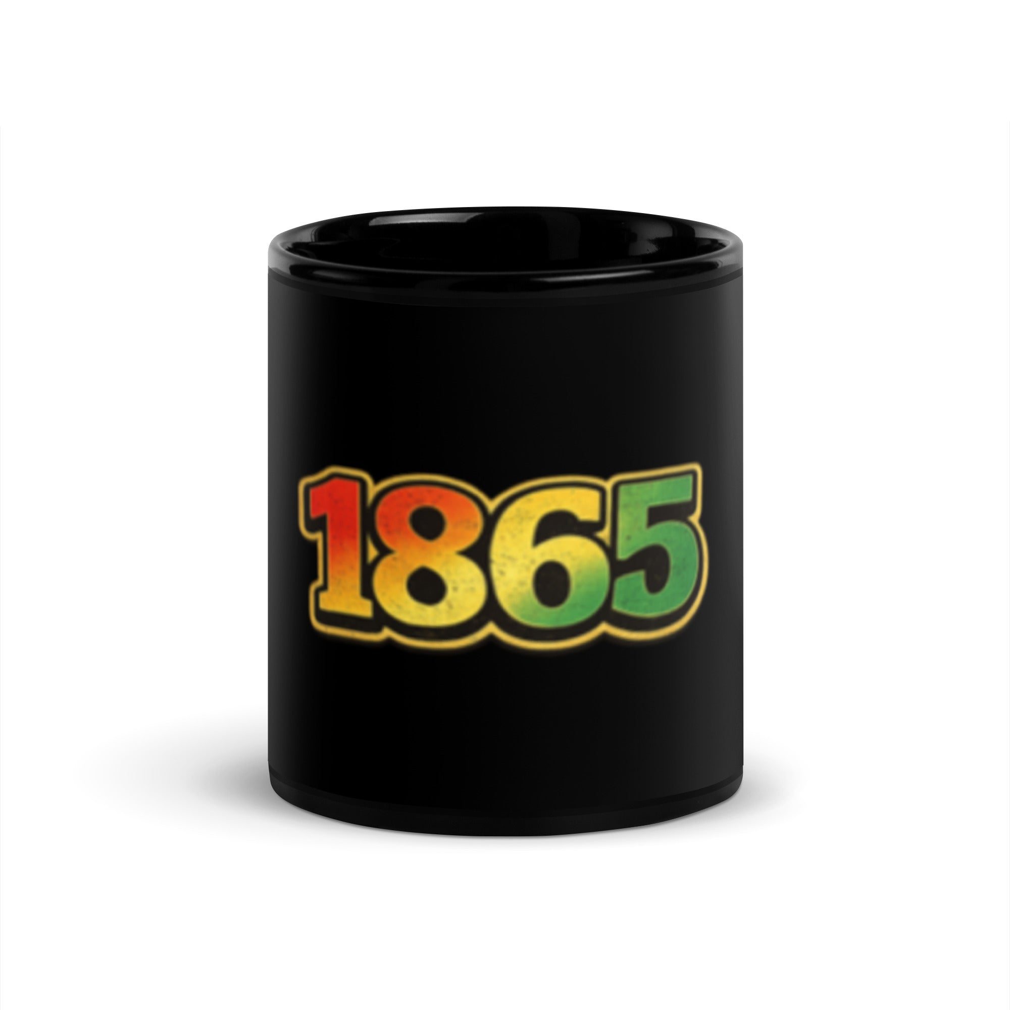 1865 black glossy mug featuring a Juneteenth-inspired design celebrating freedom, resilience, heritage, cultural pride, and the significance of the year 1865.