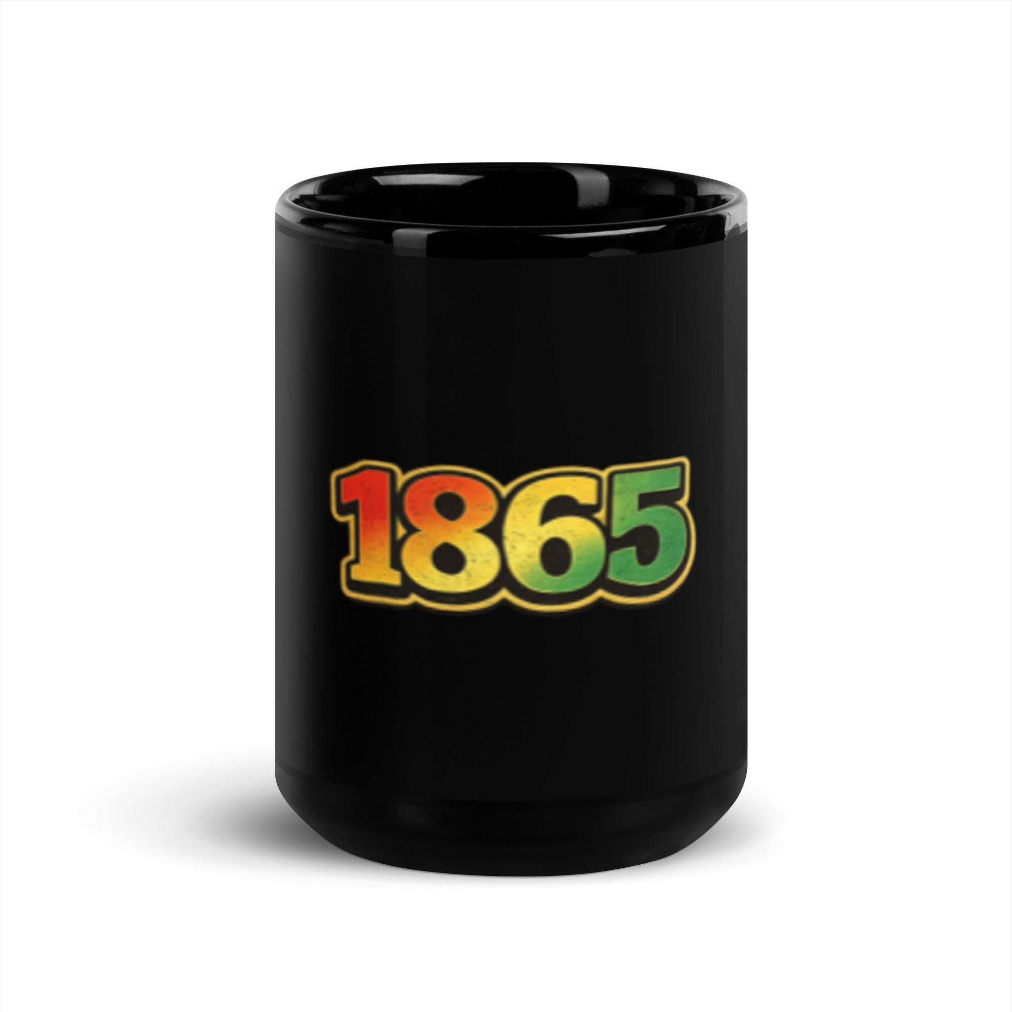 1865 black glossy mug featuring a Juneteenth-inspired design celebrating freedom, resilience, heritage, cultural pride, and the significance of the year 1865.