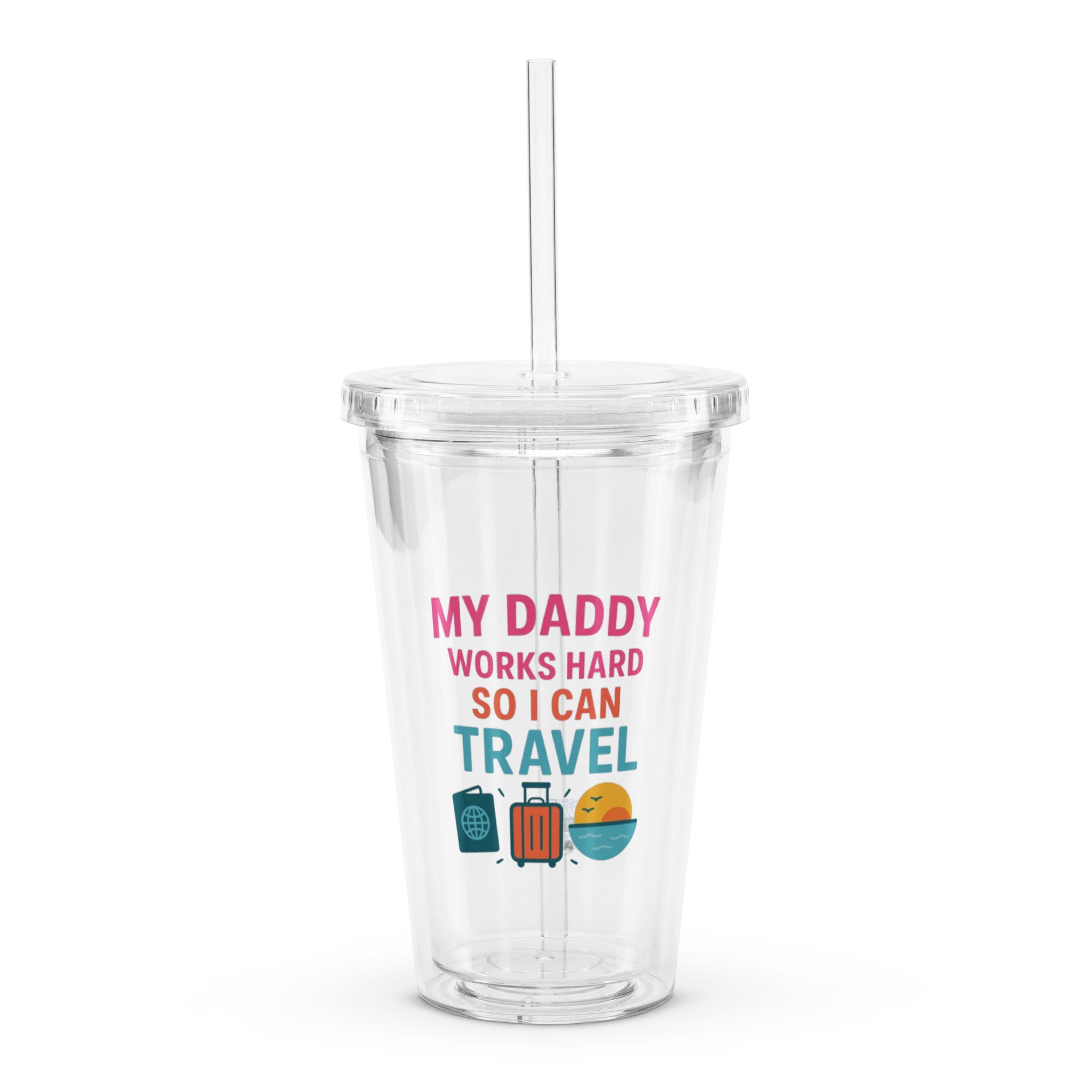 My Daddy Works So I Can Travel kids drinkware by Bee Original Designs, fun family travel statement.