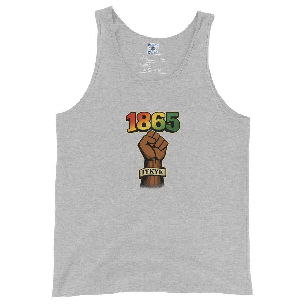 1865 IYKYK graphic tank top featuring a black power fist and Juneteenth-inspired design honoring freedom, heritage, and cultural pride.