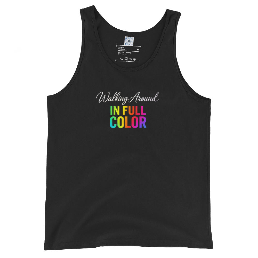 Walking Around In Full Color Pride graphic tank top featuring vibrant rainbow lettering designed for Pride celebrations and everyday self-expression.