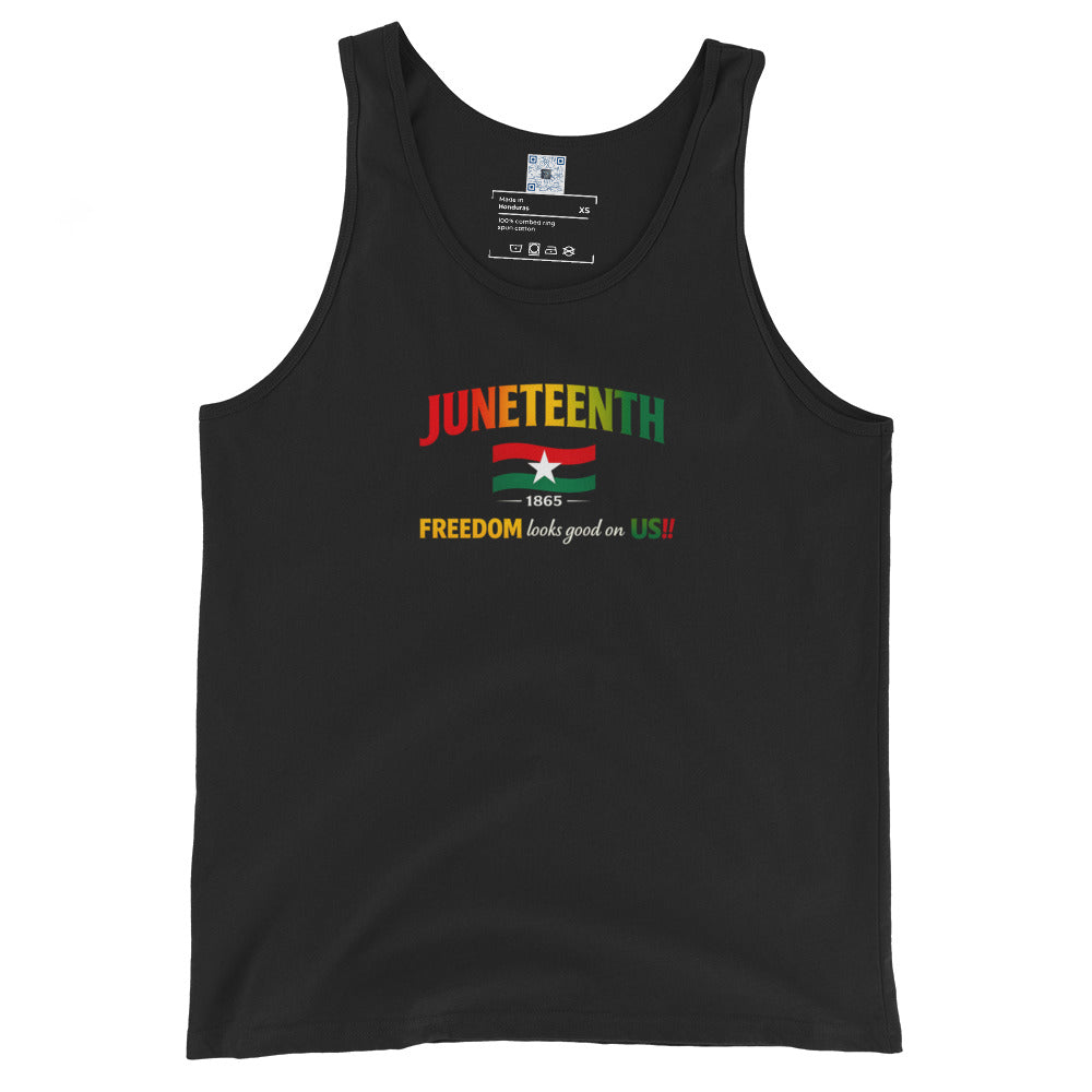 Juneteenth Freedom Looks Good On Us graphic tank top featuring a Juneteenth-inspired flag design celebrating freedom, heritage, and cultural pride.