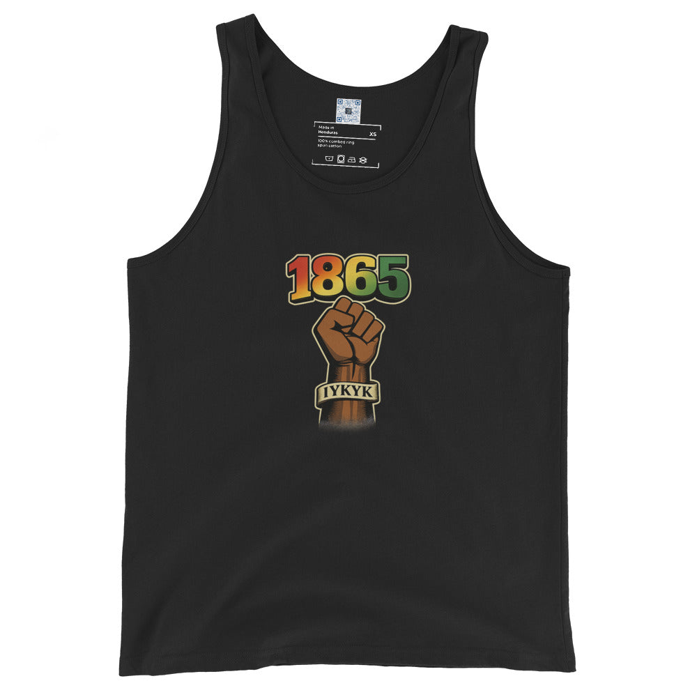 1865 IYKYK graphic tank top featuring a black power fist and Juneteenth-inspired design honoring freedom, heritage, and cultural pride.