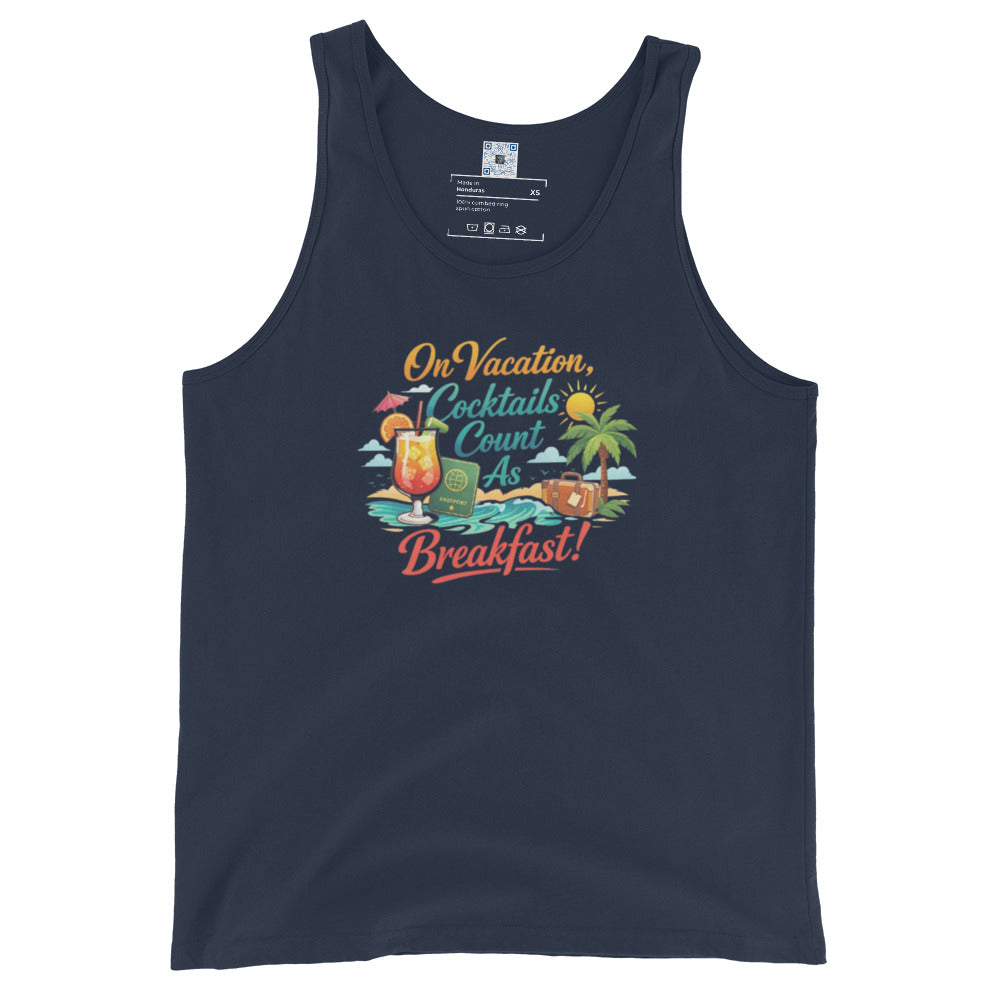 Cocktails Count as Breakfast tank top design by Bee Original Designs, perfect for vacation and beach vibes