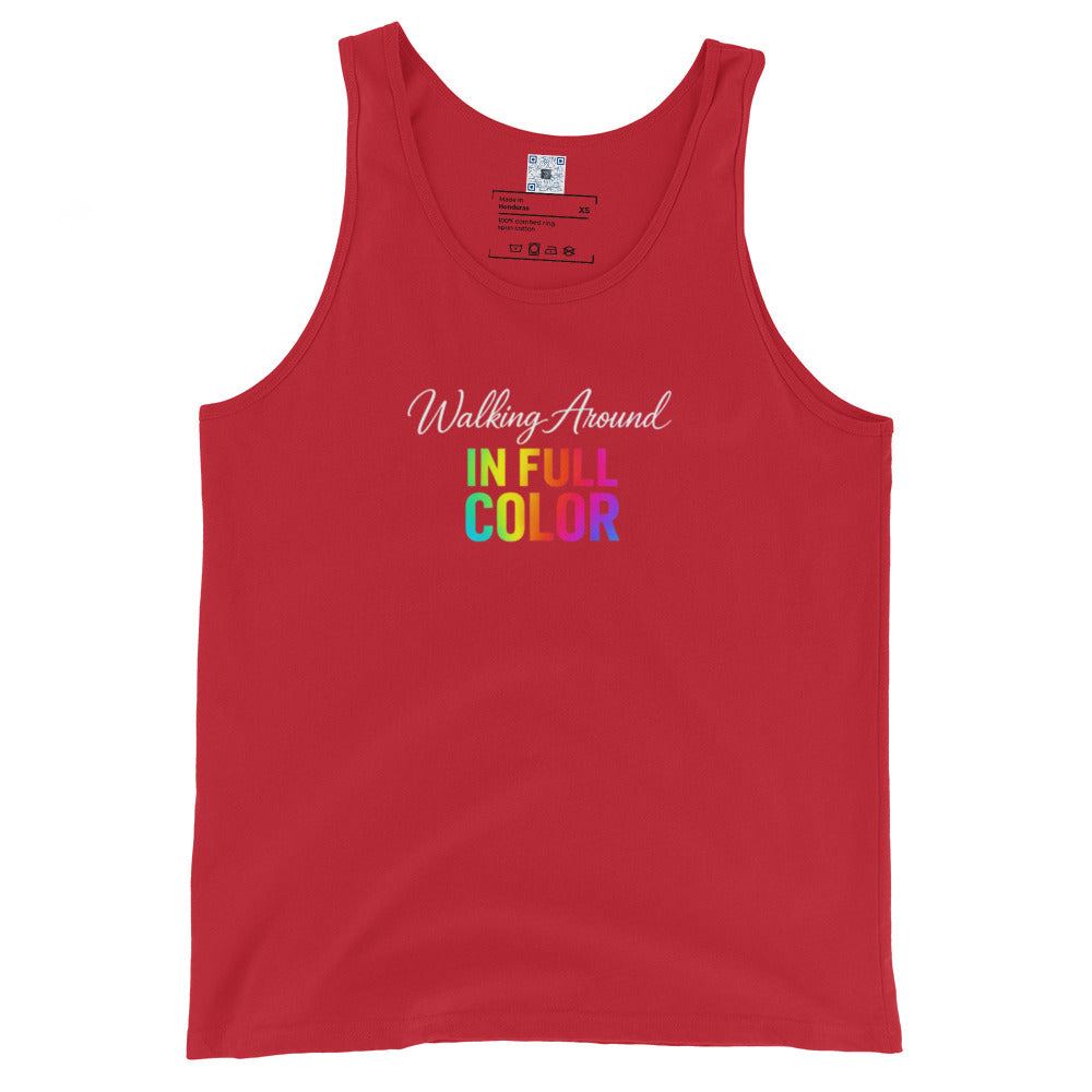Walking Around In Full Color Pride graphic tank top featuring vibrant rainbow lettering designed for Pride celebrations and everyday self-expression.
