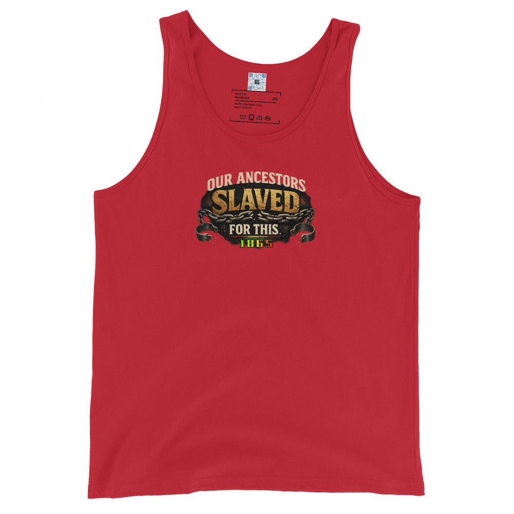 Our Ancestors Slaved For This graphic tank top featuring a Juneteenth-inspired design celebrating freedom, resilience, heritage, and cultural pride.