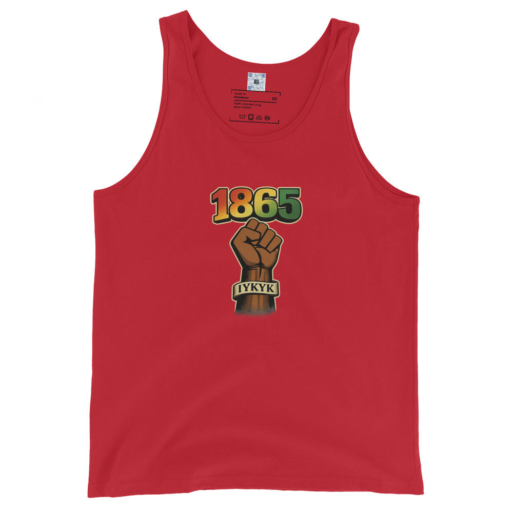 1865 IYKYK graphic tank top featuring a black power fist and Juneteenth-inspired design honoring freedom, heritage, and cultural pride.