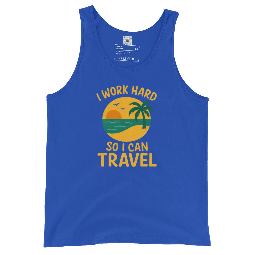 I Work Hard So I Can Travel beach design tank top, vacation shirt with tropical theme, summer travel apparel for men and women.