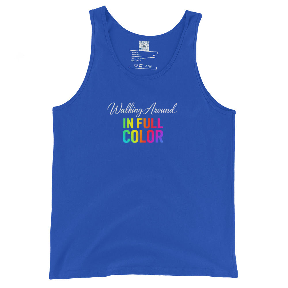Walking Around In Full Color Pride graphic tank top featuring vibrant rainbow lettering designed for Pride celebrations and everyday self-expression.