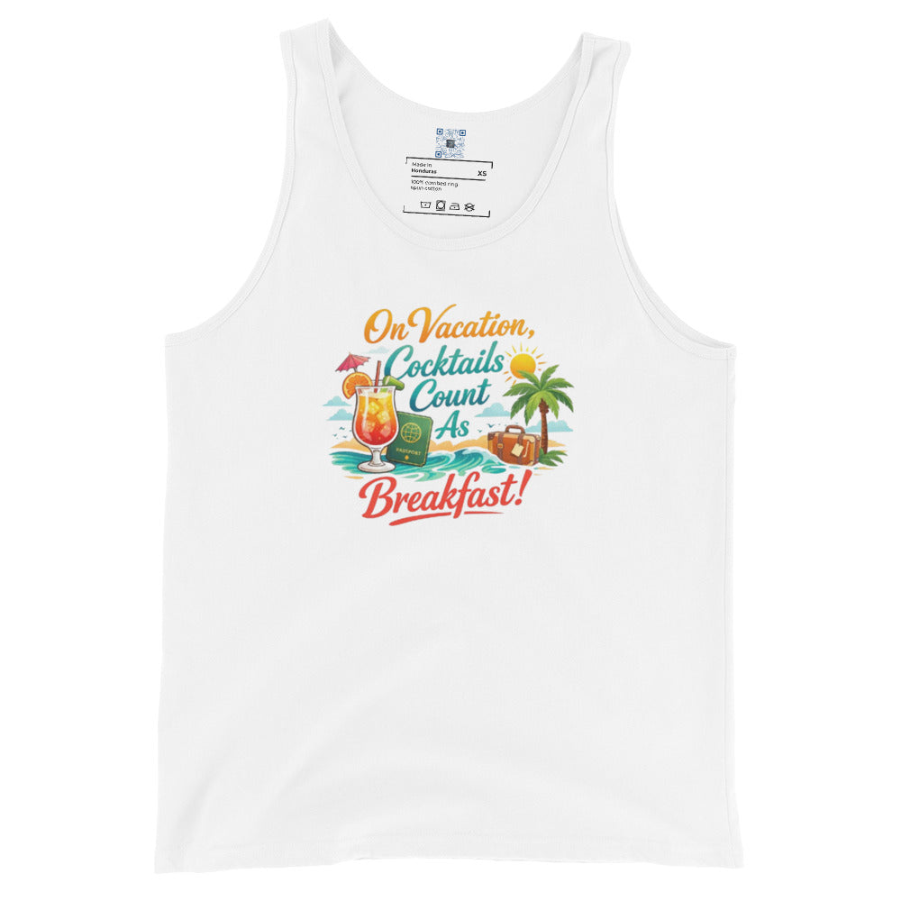 Cocktails Count as Breakfast tank top design by Bee Original Designs, perfect for vacation and beach vibes