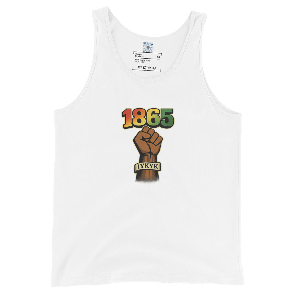 1865 IYKYK graphic tank top featuring a black power fist and Juneteenth-inspired design honoring freedom, heritage, and cultural pride.