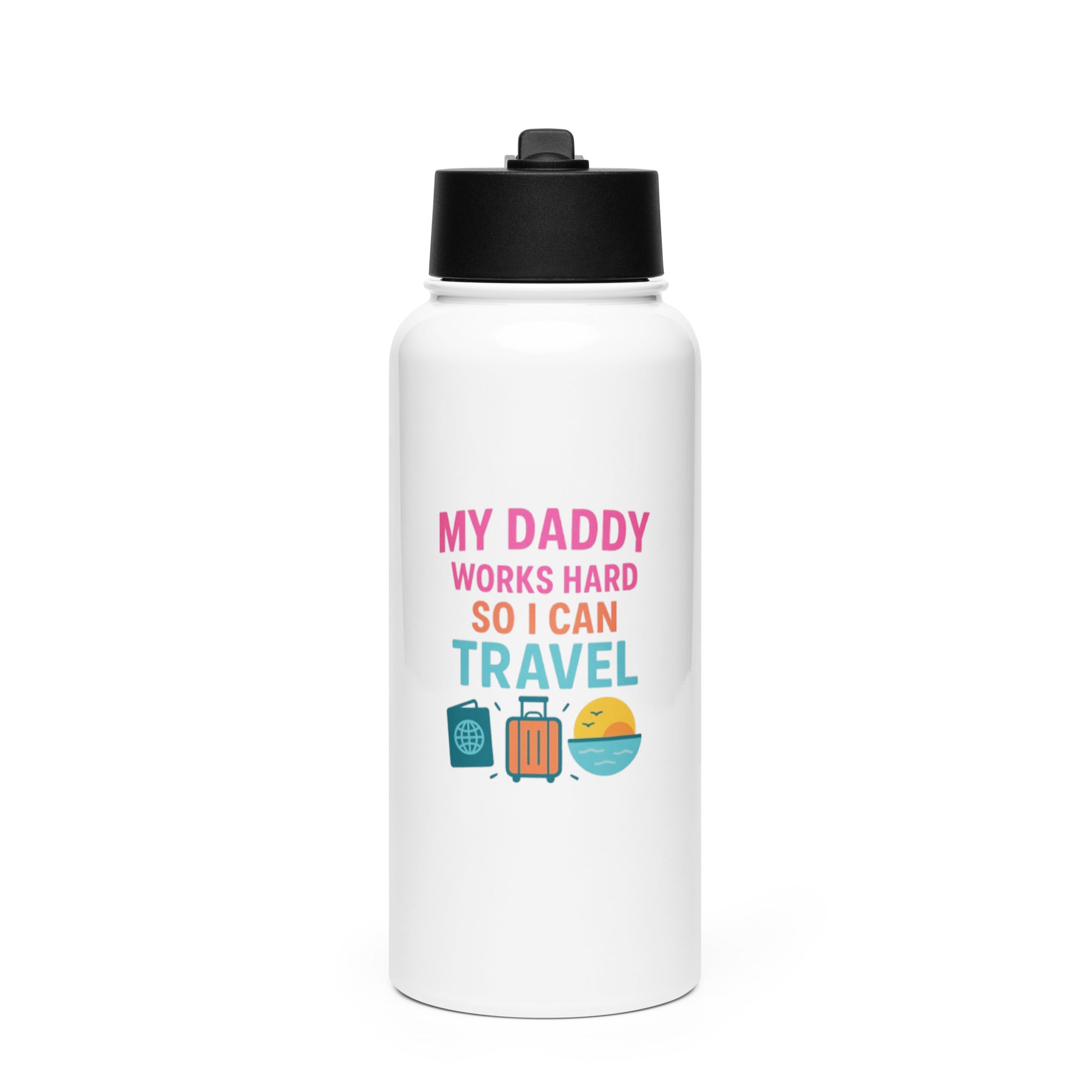 My Daddy Works So I Can Travel kids drinkware by Bee Original Designs, fun family travel statement.