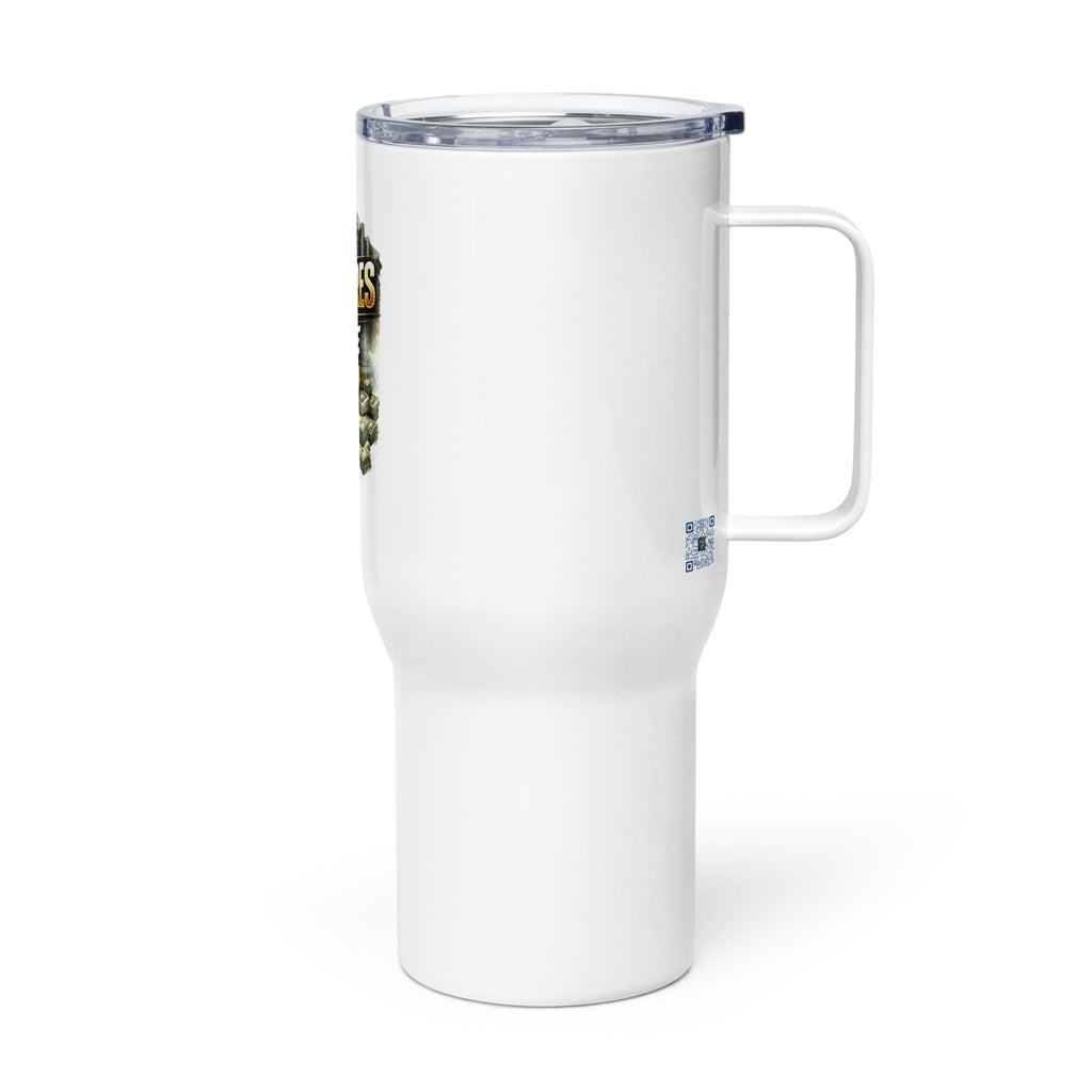 I Left 6 Figures to Make 7 coffee travel mug by Bee Original Designs, bold motivational statement.