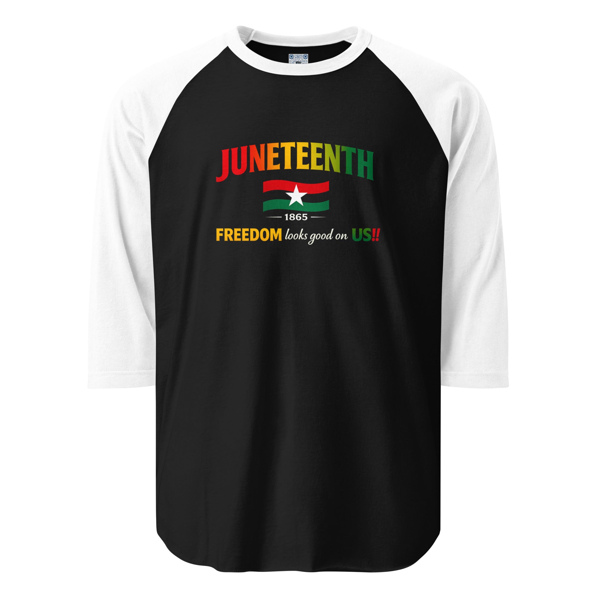 Juneteenth Freedom Looks Good On Us 3/4 sleeve raglan shirt featuring a Juneteenth-inspired design celebrating freedom, history, heritage, and cultural pride.