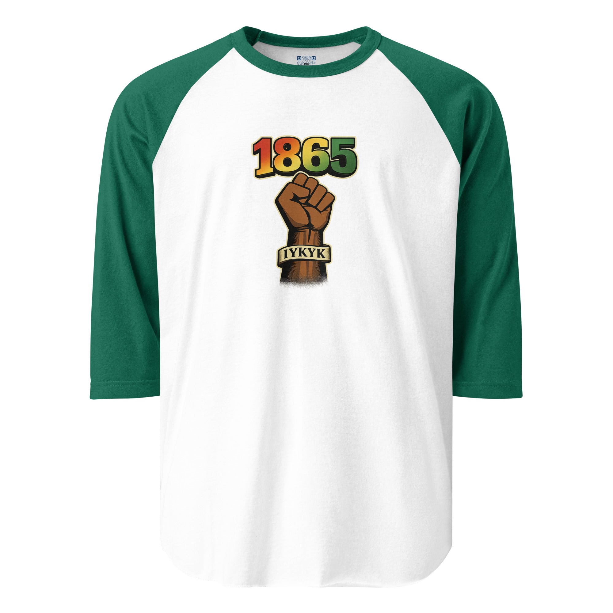 1865 IYKYK 3/4 sleeve raglan shirt featuring a black power fist and Juneteenth-inspired design celebrating freedom, resilience, heritage, and cultural pride.