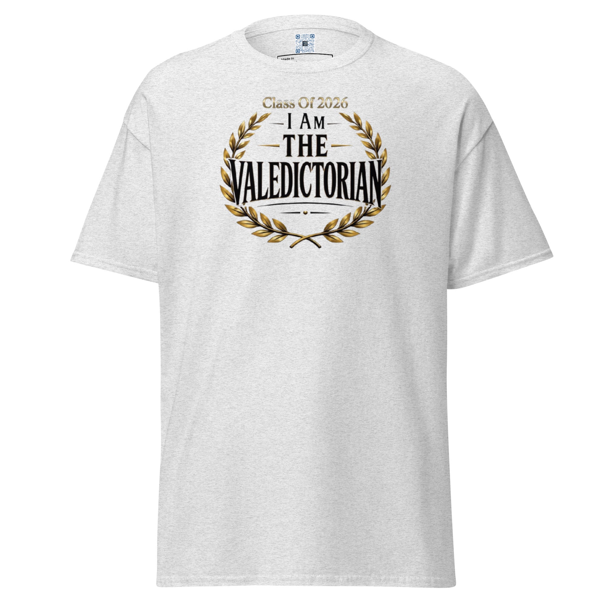 I Am The Valedictorian t-shirt with bold text design, graduation shirt from Leveling Up collection.