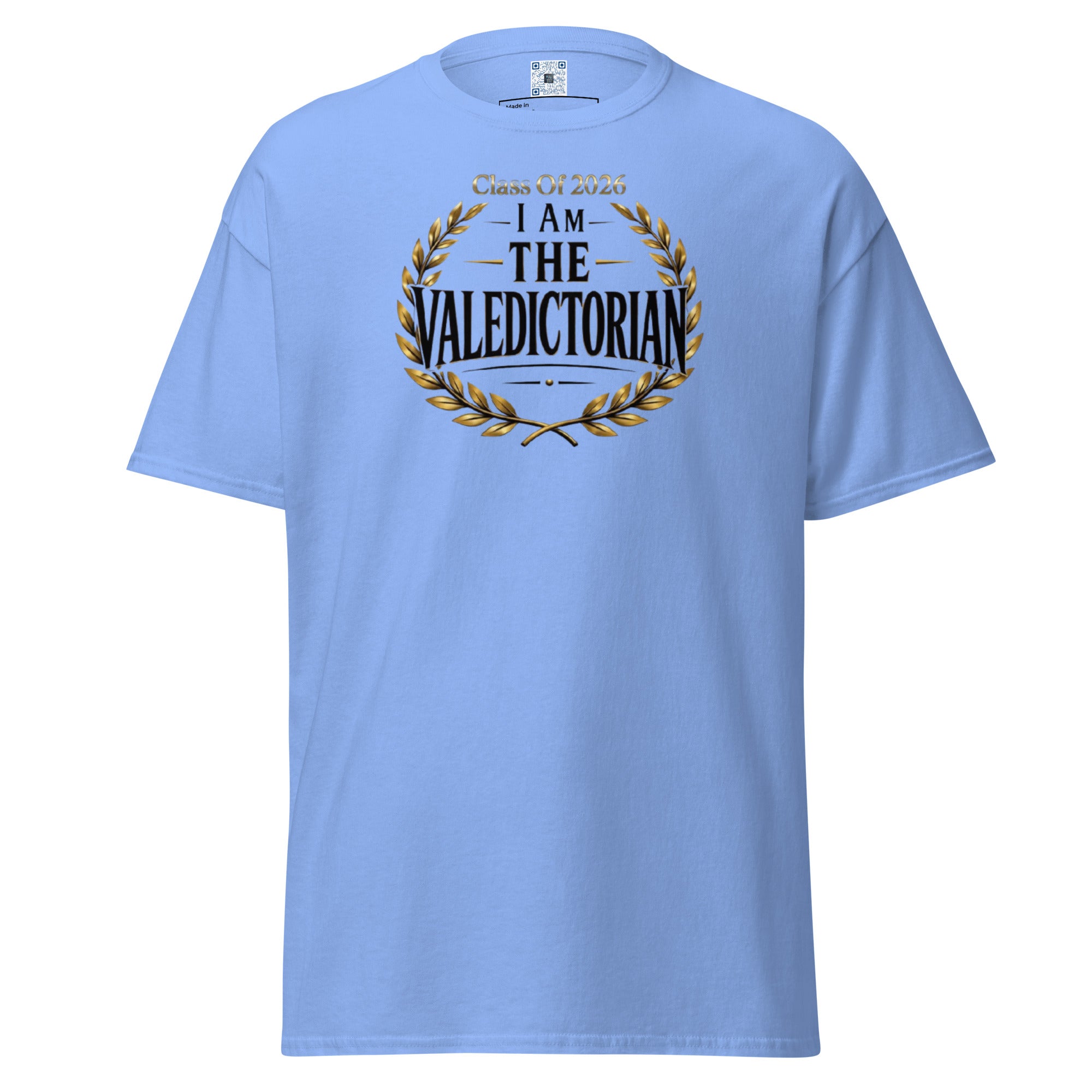 I Am The Valedictorian t-shirt with bold text design, graduation shirt from Leveling Up collection.