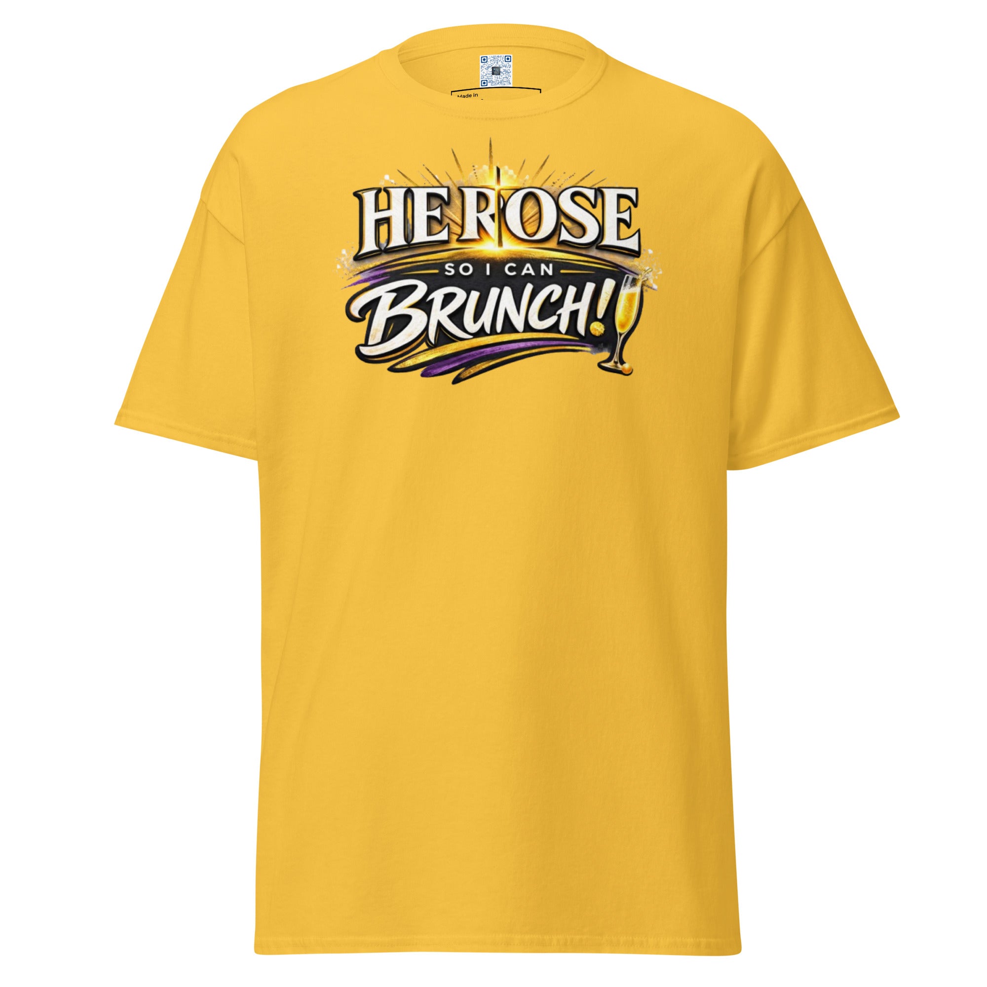 Easter T-Shirt: He Rose So I Can Brunch graphic t-shirt for brunch lovers on Easter Sunday. 