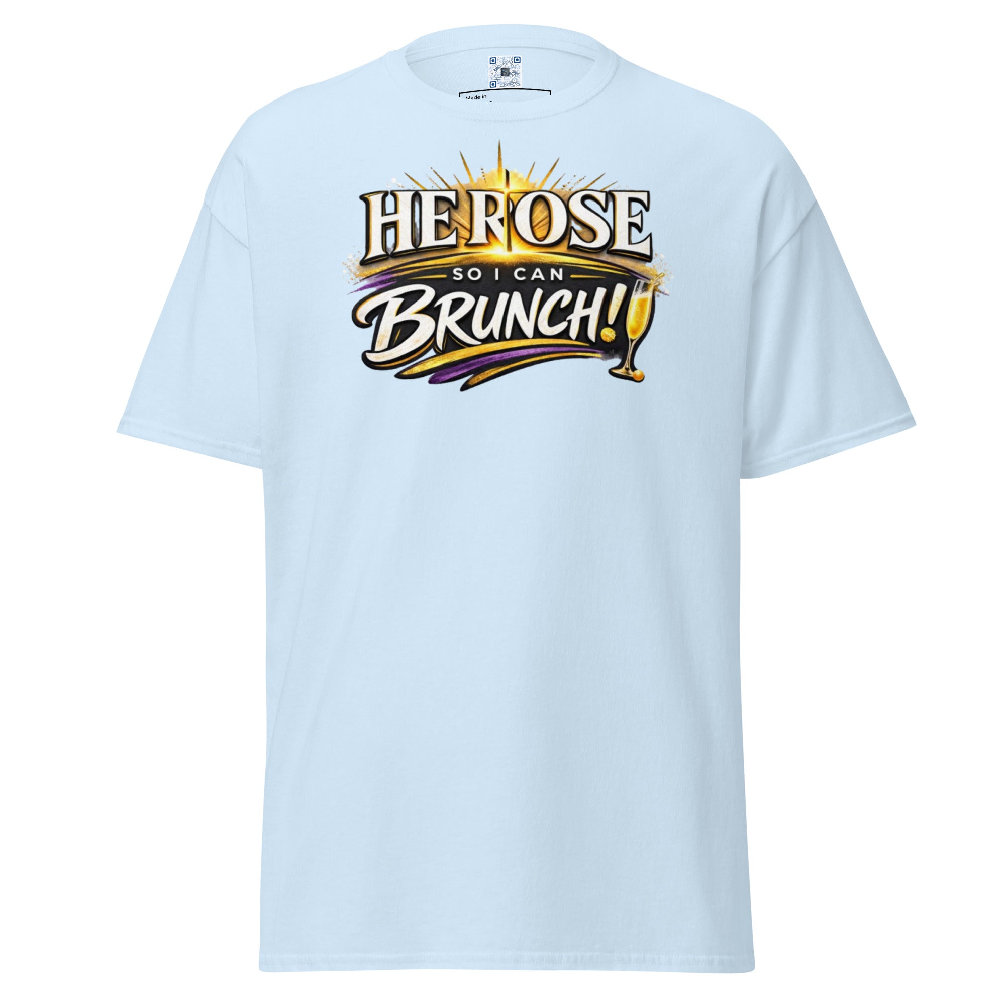 Easter T-Shirt: He Rose So I Can Brunch graphic t-shirt for brunch lovers on Easter Sunday. 