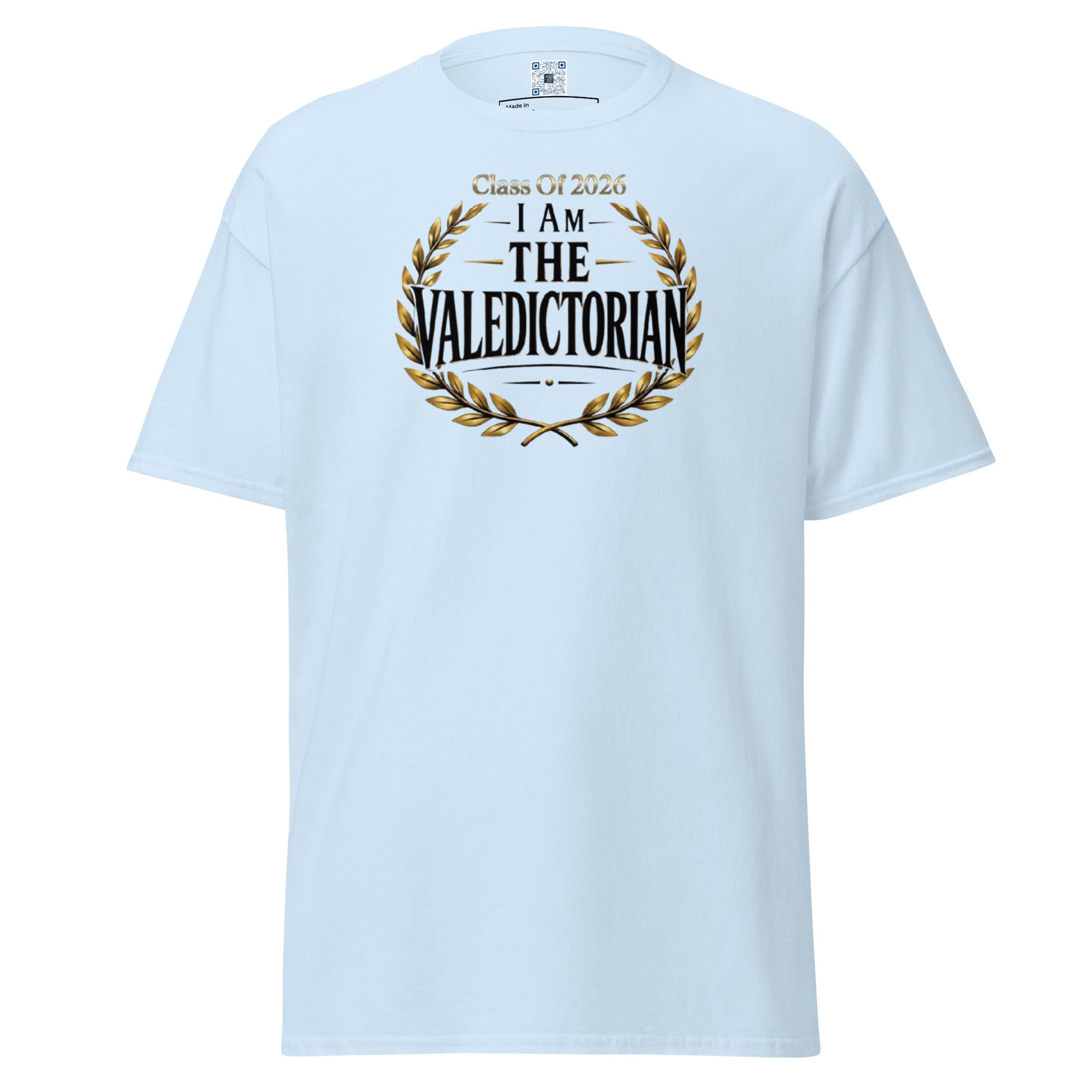 I Am The Valedictorian t-shirt with bold text design, graduation shirt from Leveling Up collection.