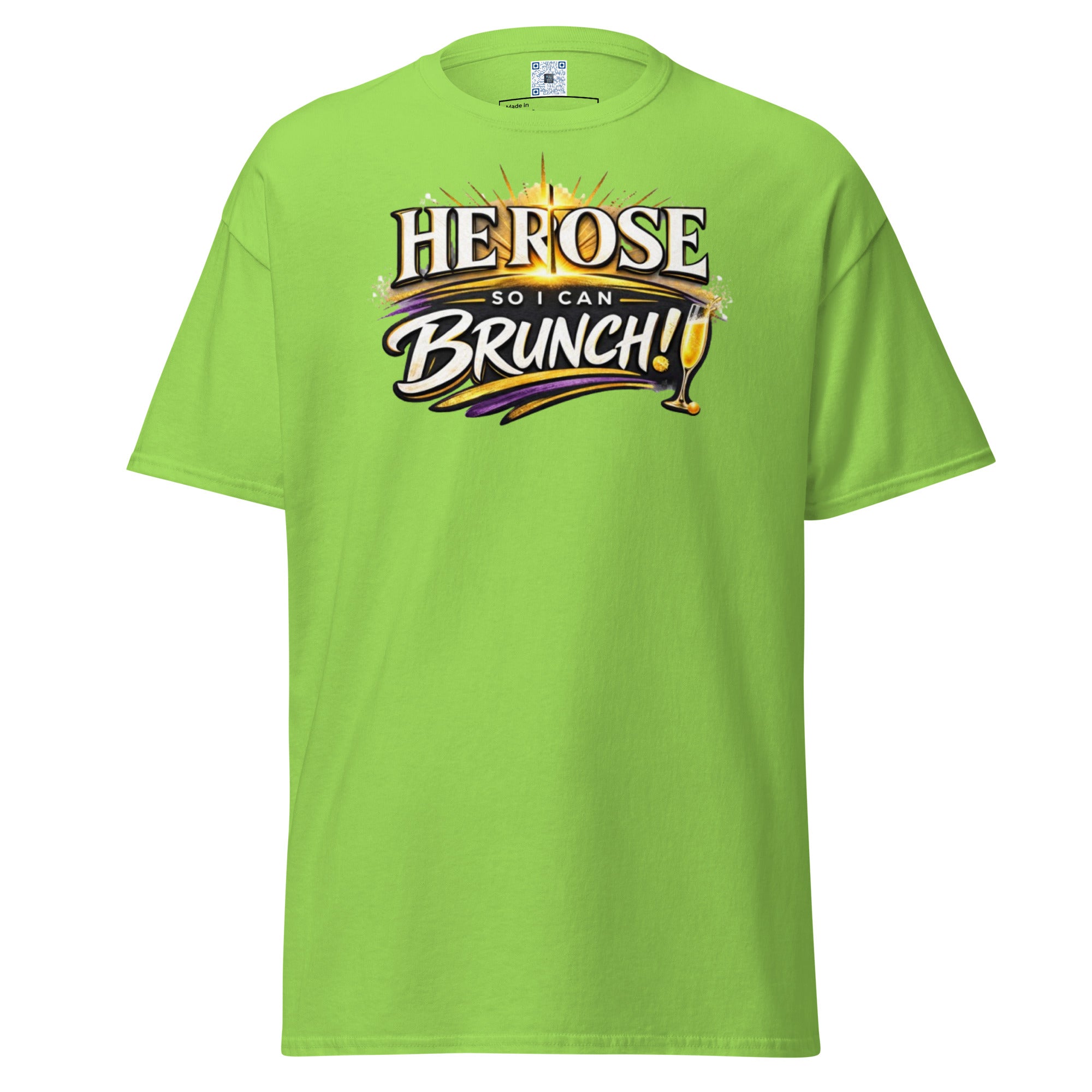 Easter T-Shirt: He Rose So I Can Brunch graphic t-shirt for brunch lovers on Easter Sunday. 