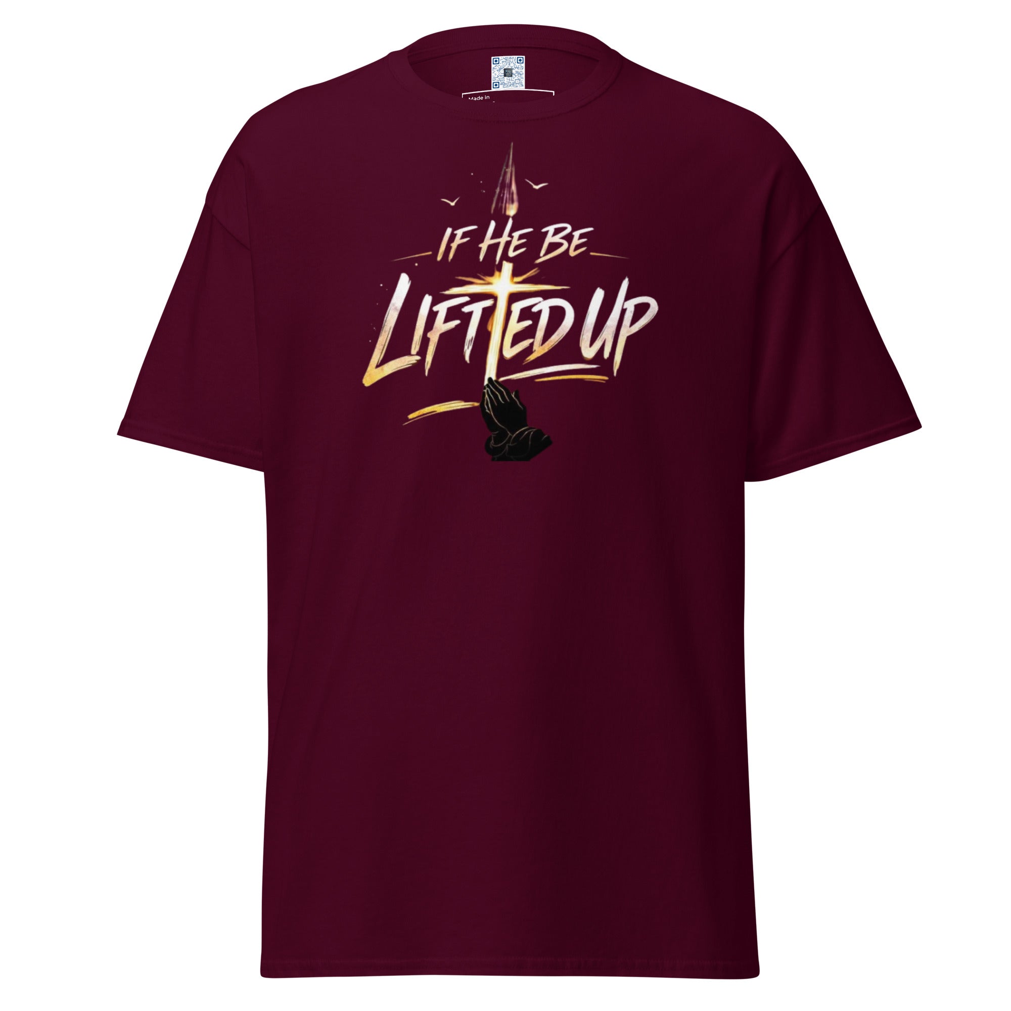 If He Be Lifted Up Easter t-shirt inspired by John 12:32 celebrating faith and the resurrection on Easter Sunday.