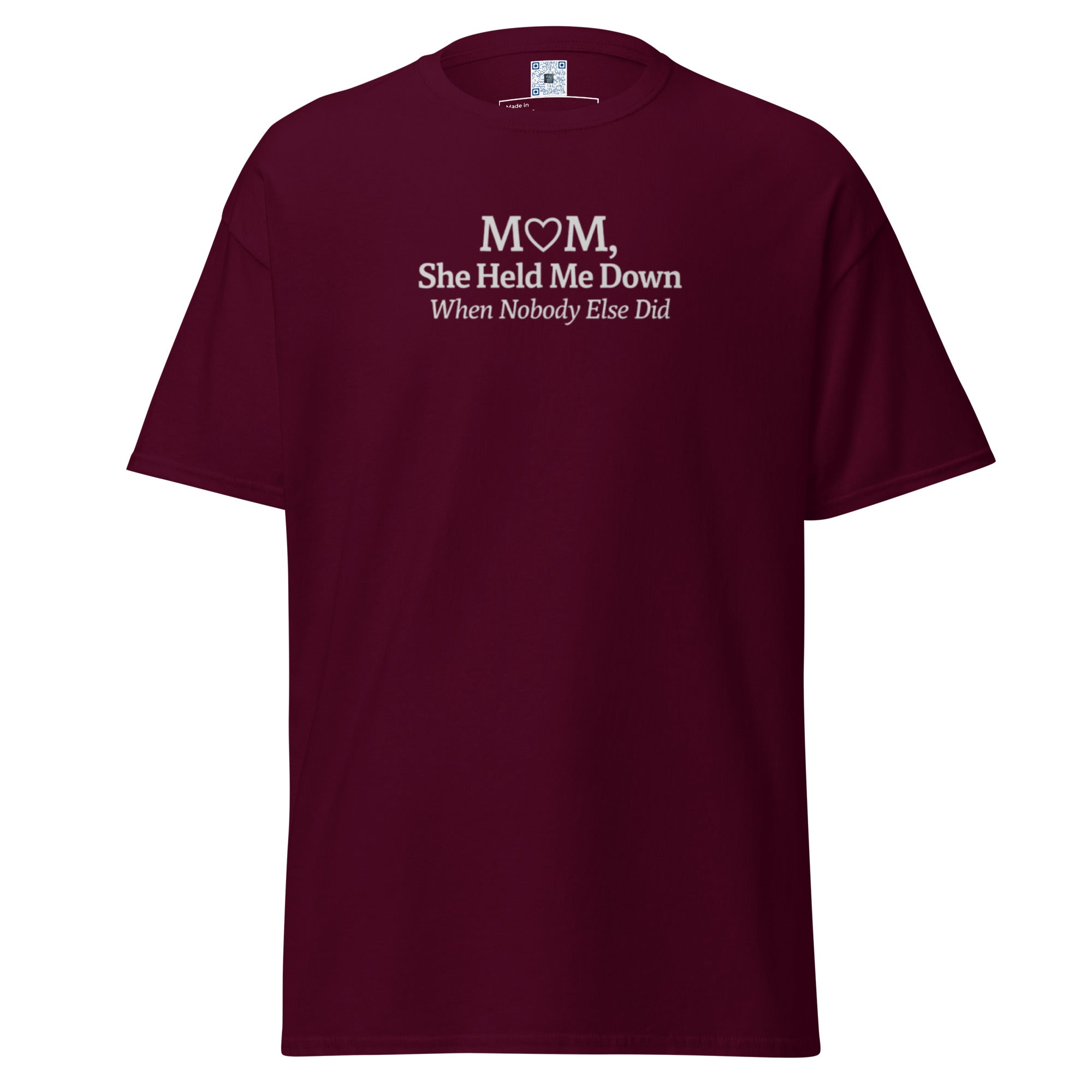 Product mocShop the “Mom: She Held Me Down When No One Else Did” T-Shirt. A meaningful and bold Mother’s Day gift honoring mom’s loyalty and strength.kup