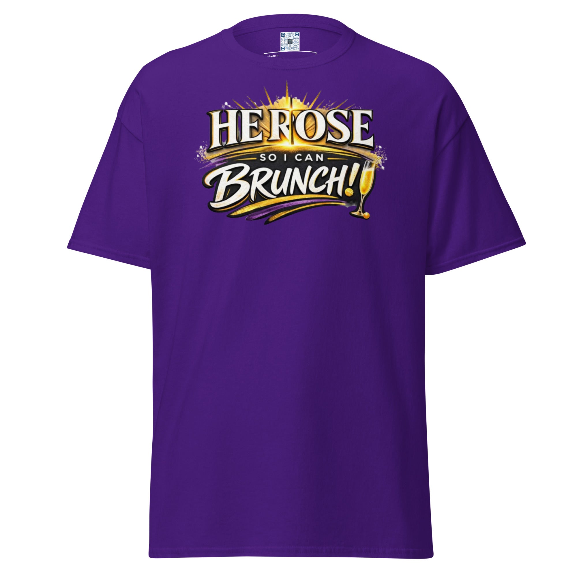 Easter T-Shirt: He Rose So I Can Brunch graphic t-shirt for brunch lovers on Easter Sunday. 