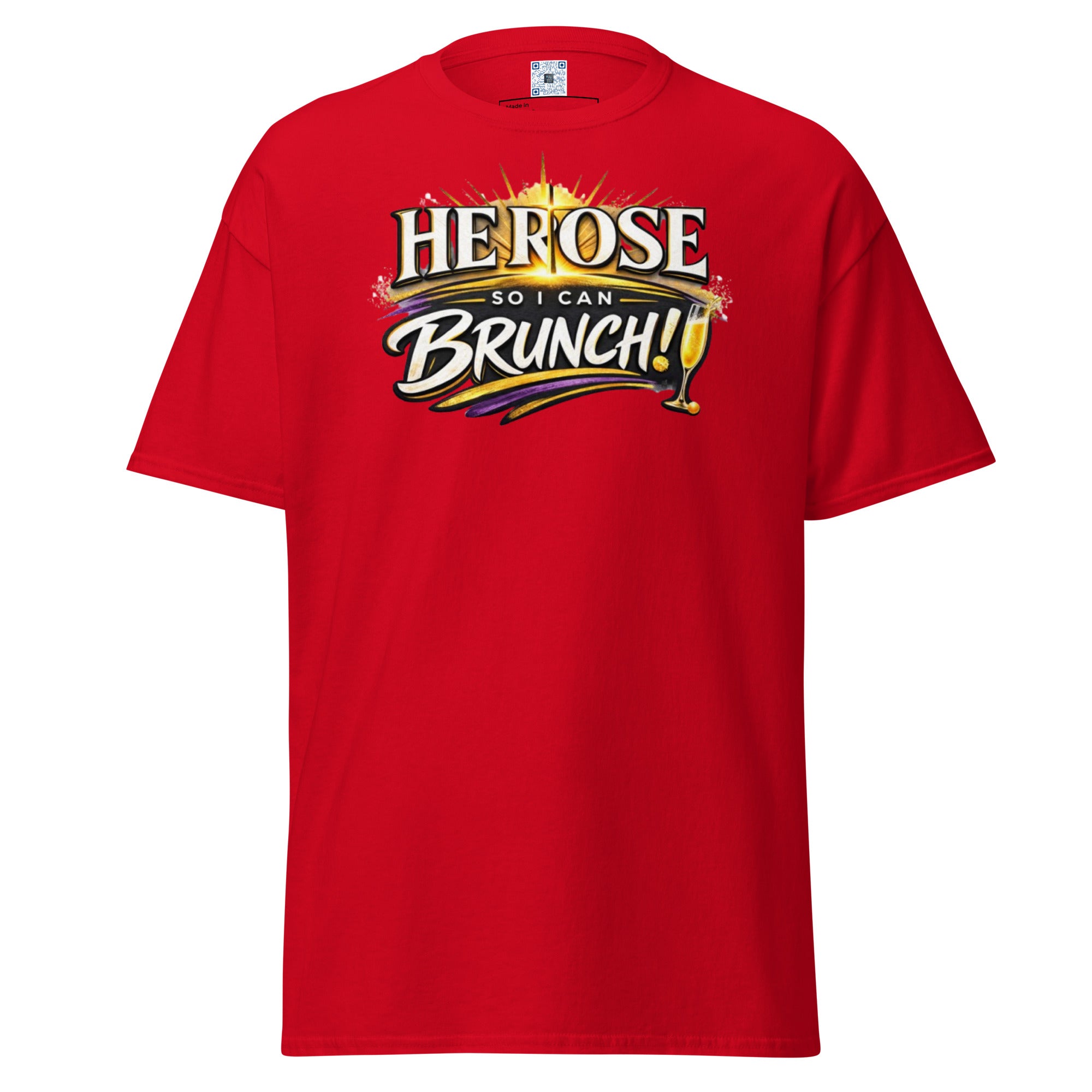 Easter T-Shirt: He Rose So I Can Brunch graphic t-shirt for brunch lovers on Easter Sunday. 