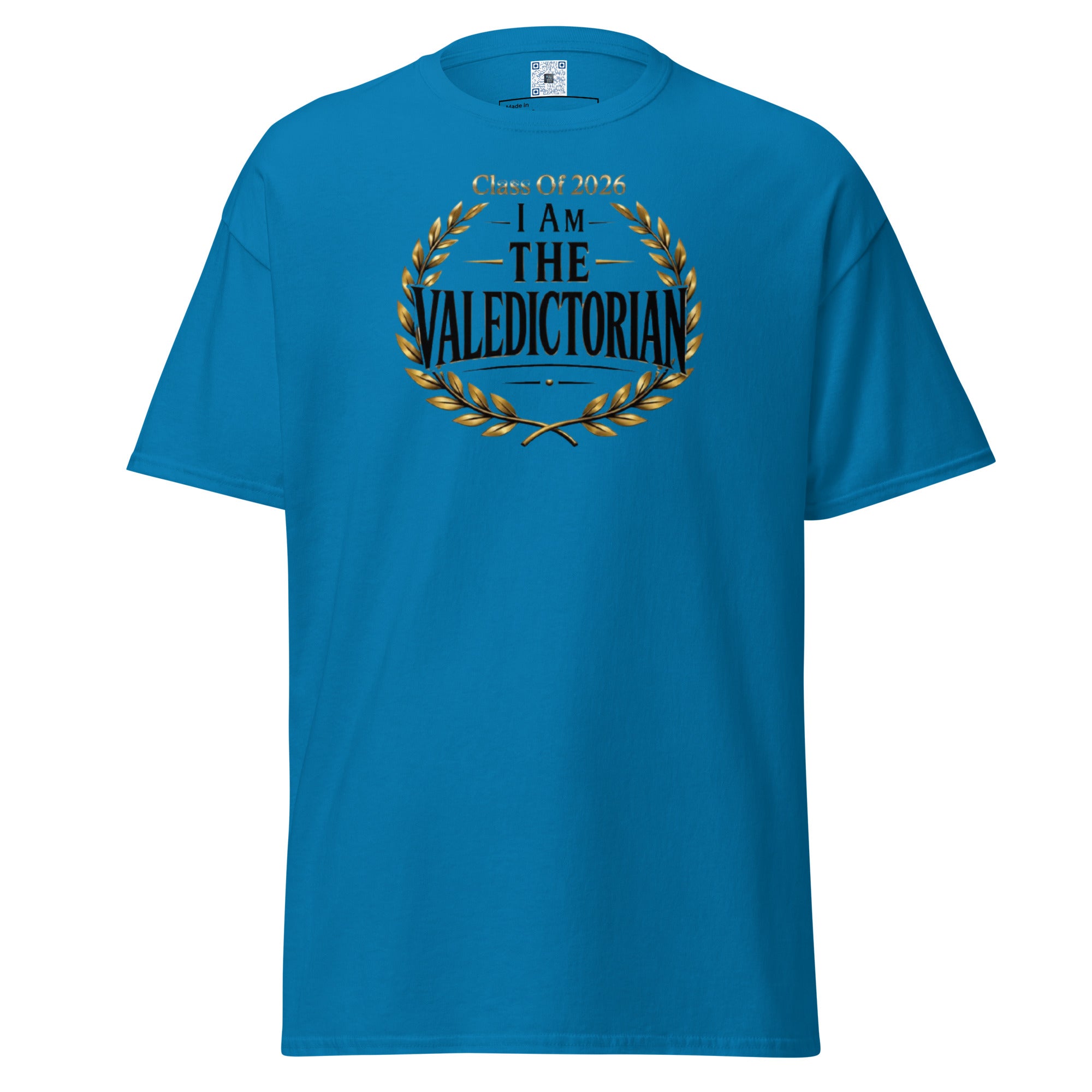 I Am The Valedictorian t-shirt with bold text design, graduation shirt from Leveling Up collection.