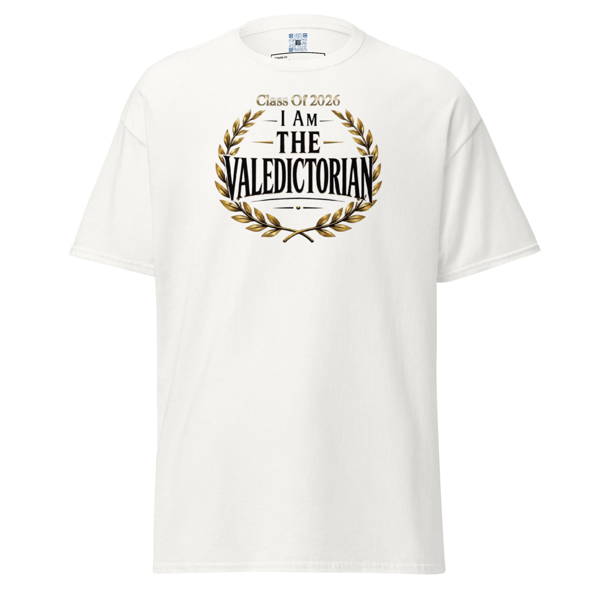 I Am The Valedictorian t-shirt with bold text design, graduation shirt from Leveling Up collection.