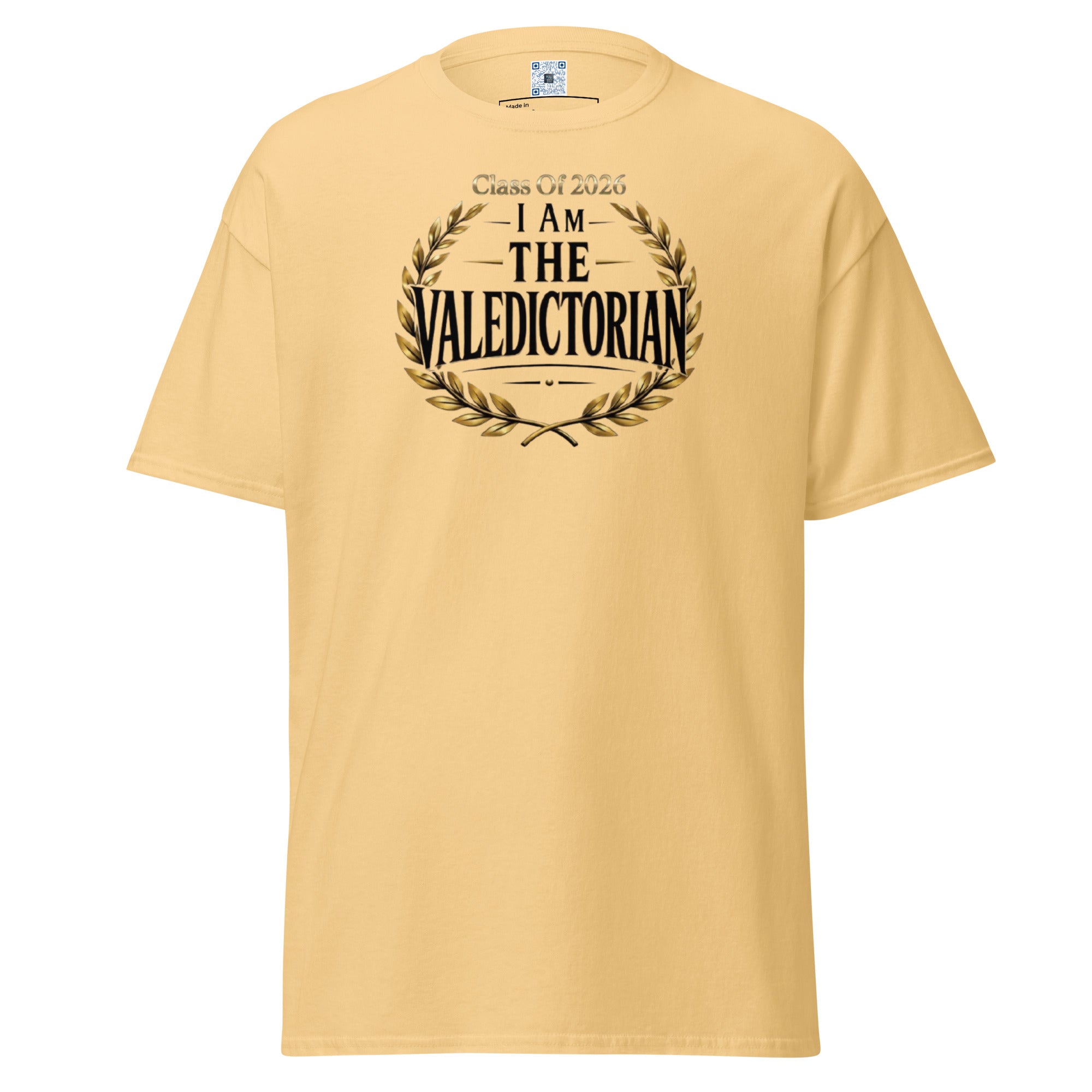 I Am The Valedictorian t-shirt with bold text design, graduation shirt from Leveling Up collection.