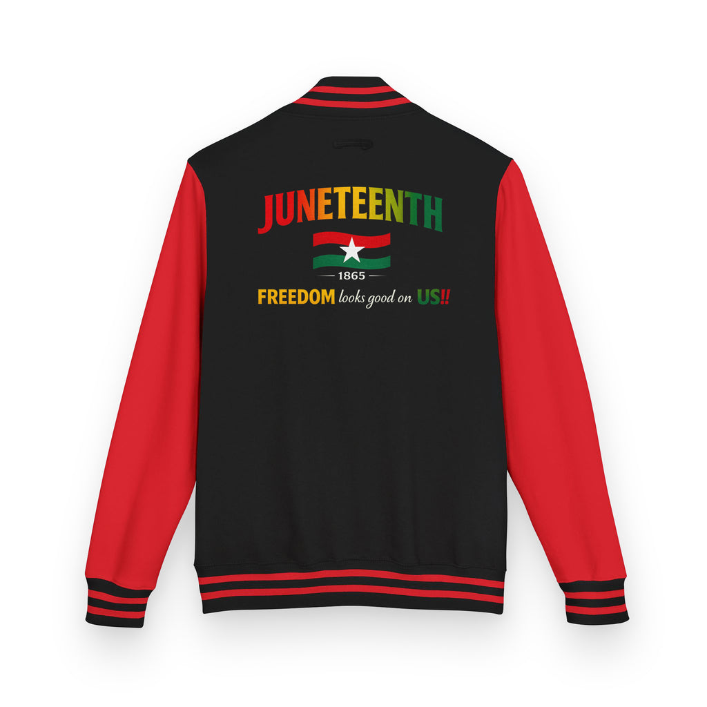 Juneteenth Freedom Looks Good On Us letterman's jacket featuring a Juneteenth-inspired design celebrating freedom, resilience, heritage, progress, and cultural pride.