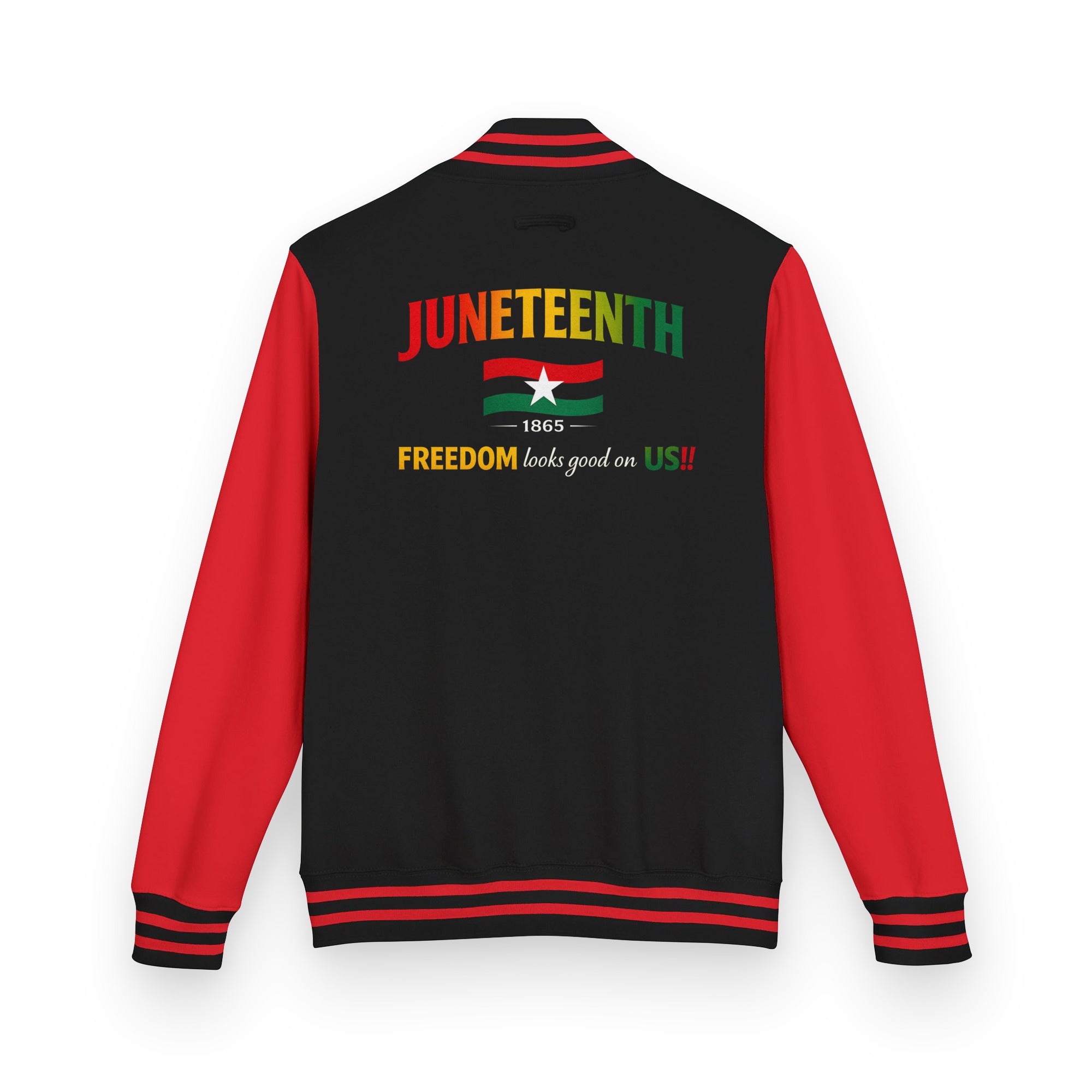 Juneteenth Freedom Looks Good On Us letterman's jacket featuring a Juneteenth-inspired design celebrating freedom, resilience, heritage, progress, and cultural pride.
