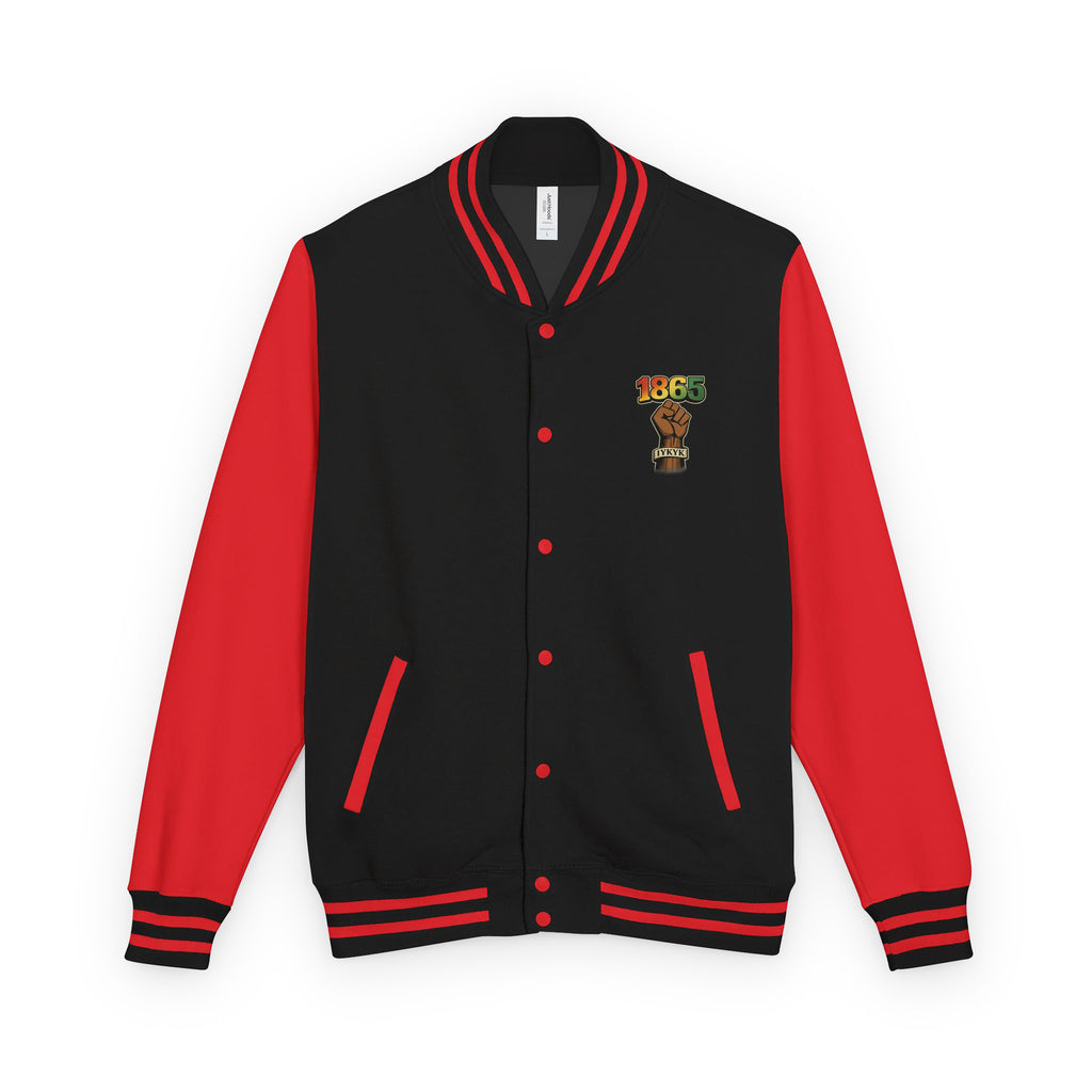 Our Ancestors Slaved For This letterman's jacket featuring a Juneteenth-inspired design honoring resilience, sacrifice, freedom, cultural heritage, and generational strength.