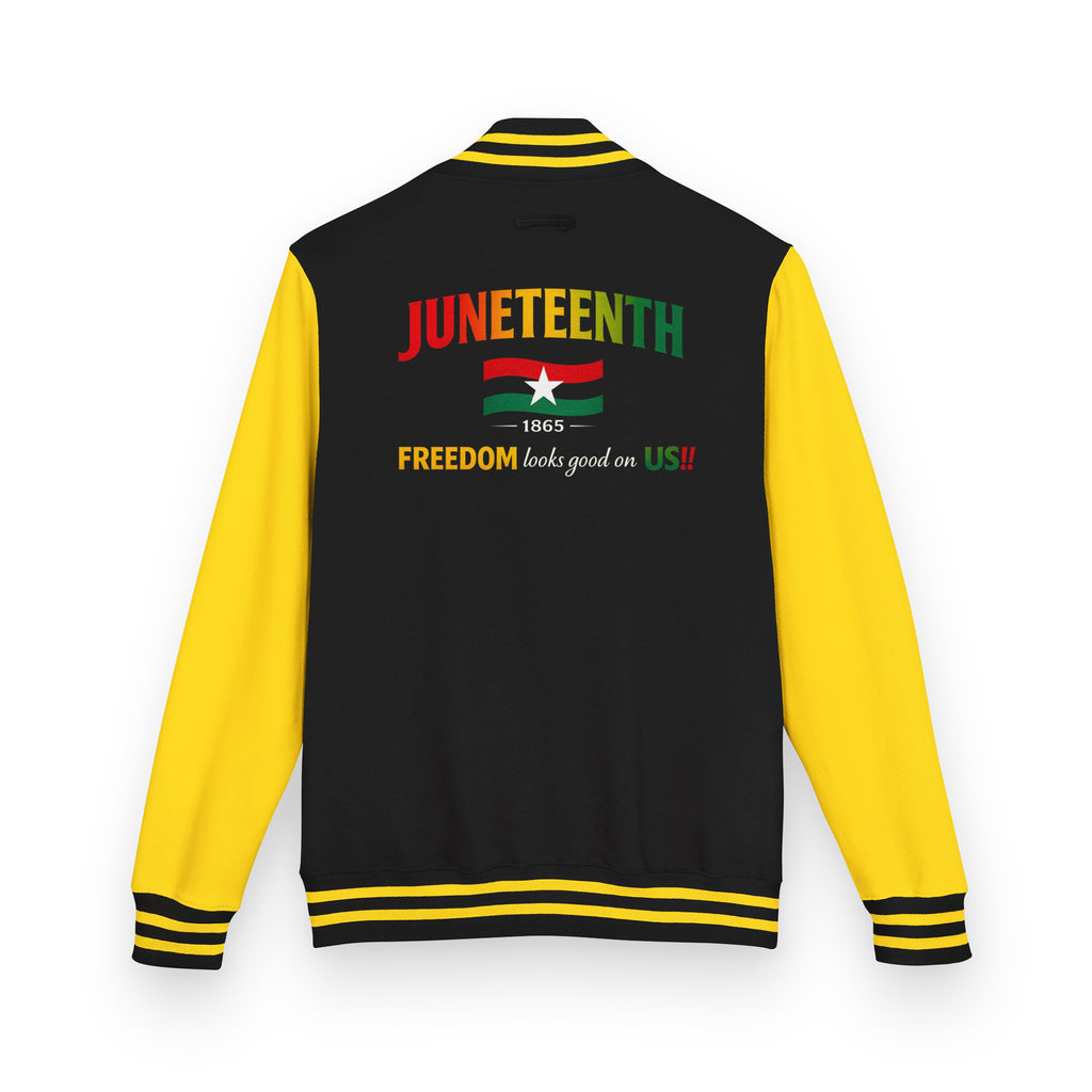 Juneteenth Freedom Looks Good On Us letterman's jacket featuring a Juneteenth-inspired design celebrating freedom, resilience, heritage, progress, and cultural pride.