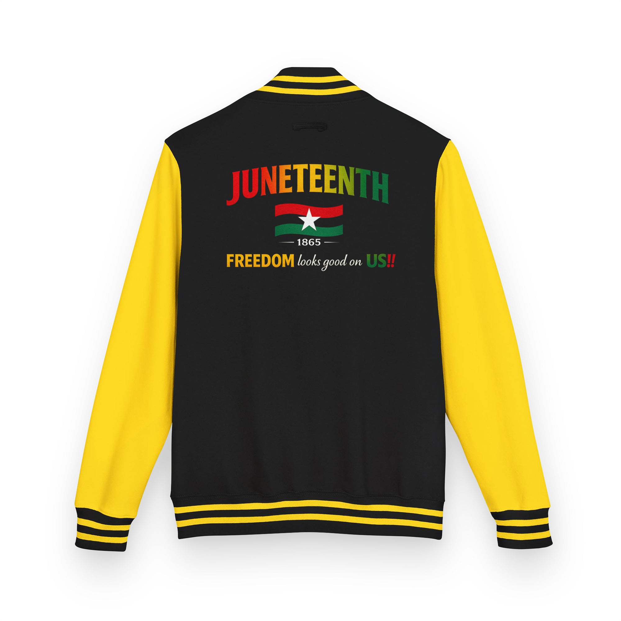 Juneteenth Freedom Looks Good On Us letterman's jacket featuring a Juneteenth-inspired design celebrating freedom, resilience, heritage, progress, and cultural pride.