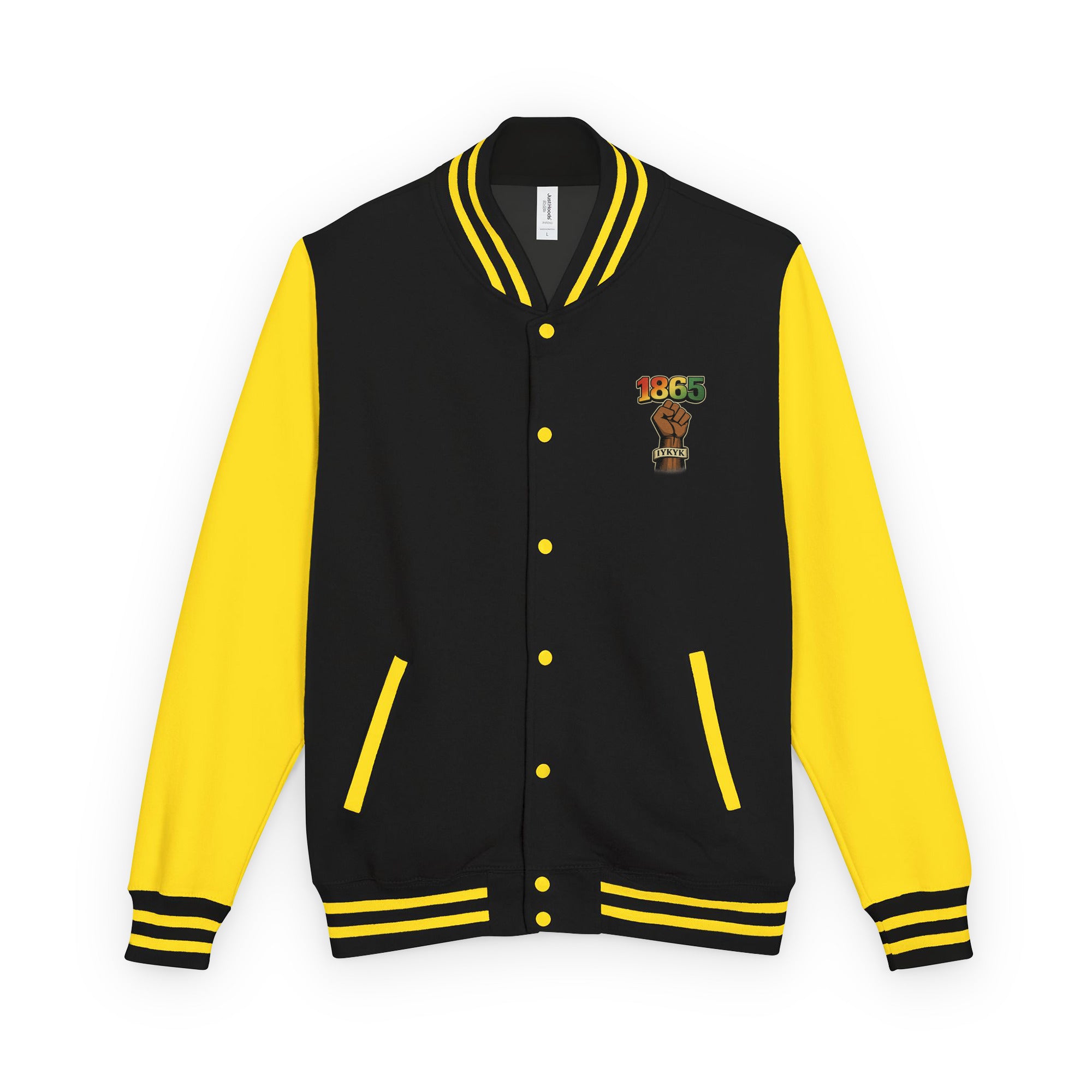Juneteenth Freedom Looks Good On Us letterman's jacket featuring a Juneteenth-inspired design celebrating freedom, resilience, heritage, progress, and cultural pride.