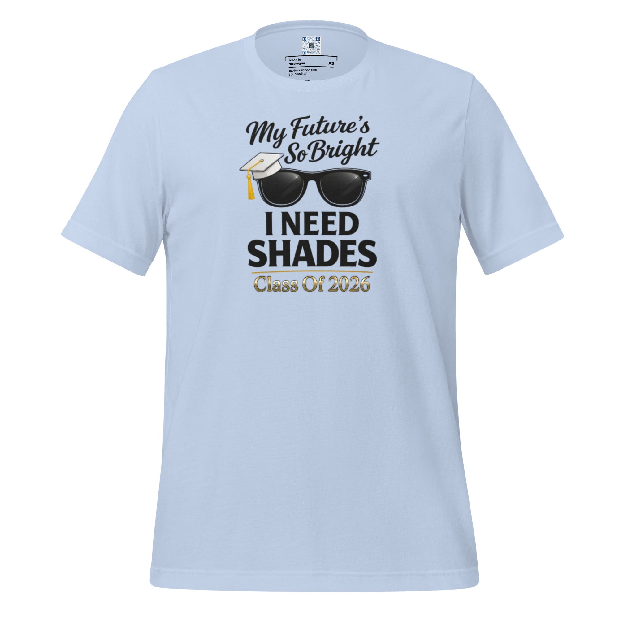 My Future’s So Bright I Need Shades t-shirt with bold text design, graduation shirt from Leveling Up collection.