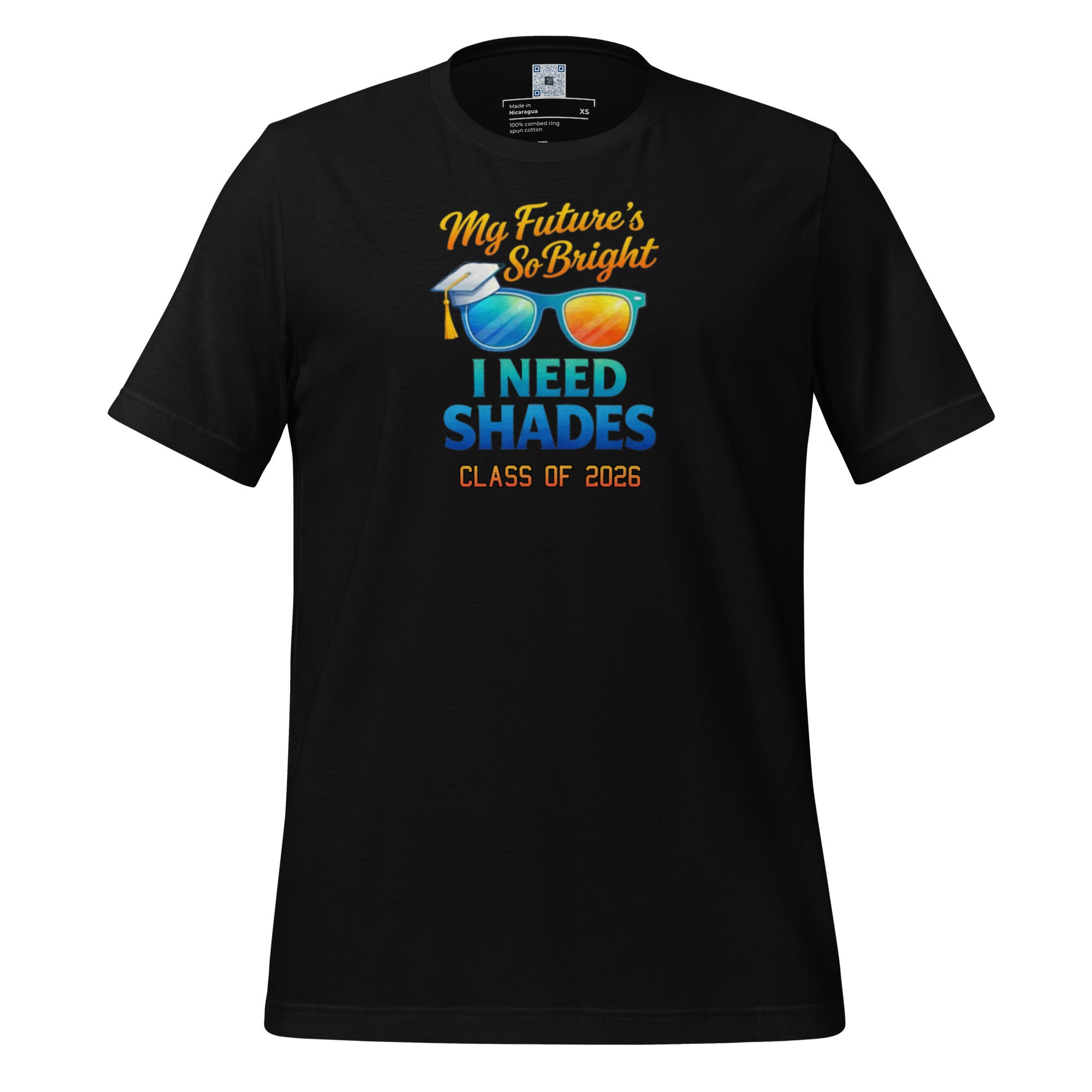 My Future’s So Bright I Need Shades t-shirt with bold text design, graduation shirt from Leveling Up collection.