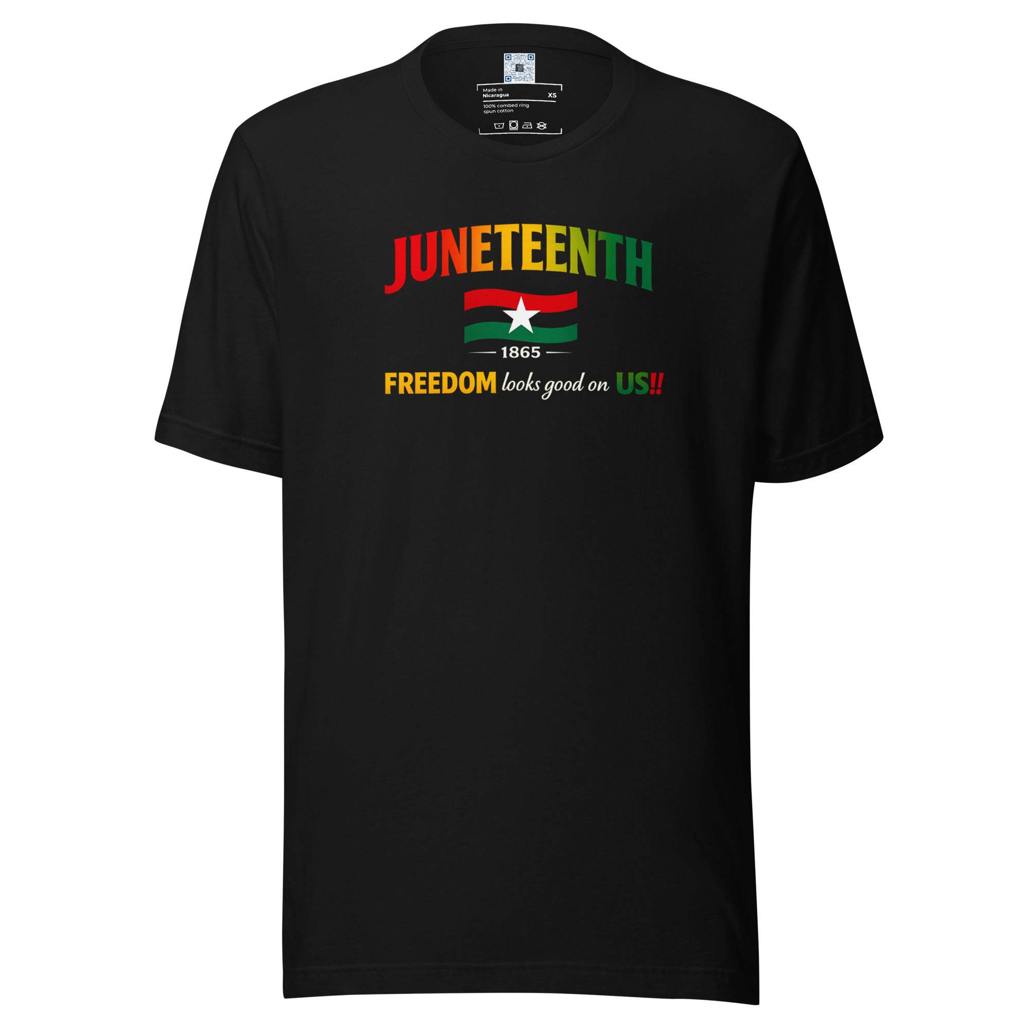 Juneteenth Freedom Looks Good On Us graphic t-shirt featuring a Juneteenth-inspired flag design celebrating freedom, history, and cultural pride.