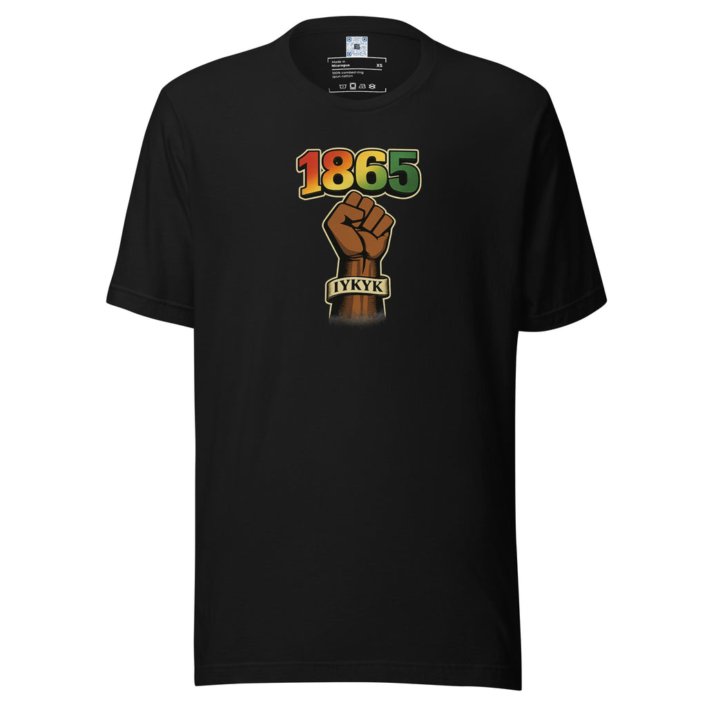 1865 IYKYK graphic t-shirt featuring a black power fist and Juneteenth-inspired design celebrating freedom, resilience, and cultural pride.