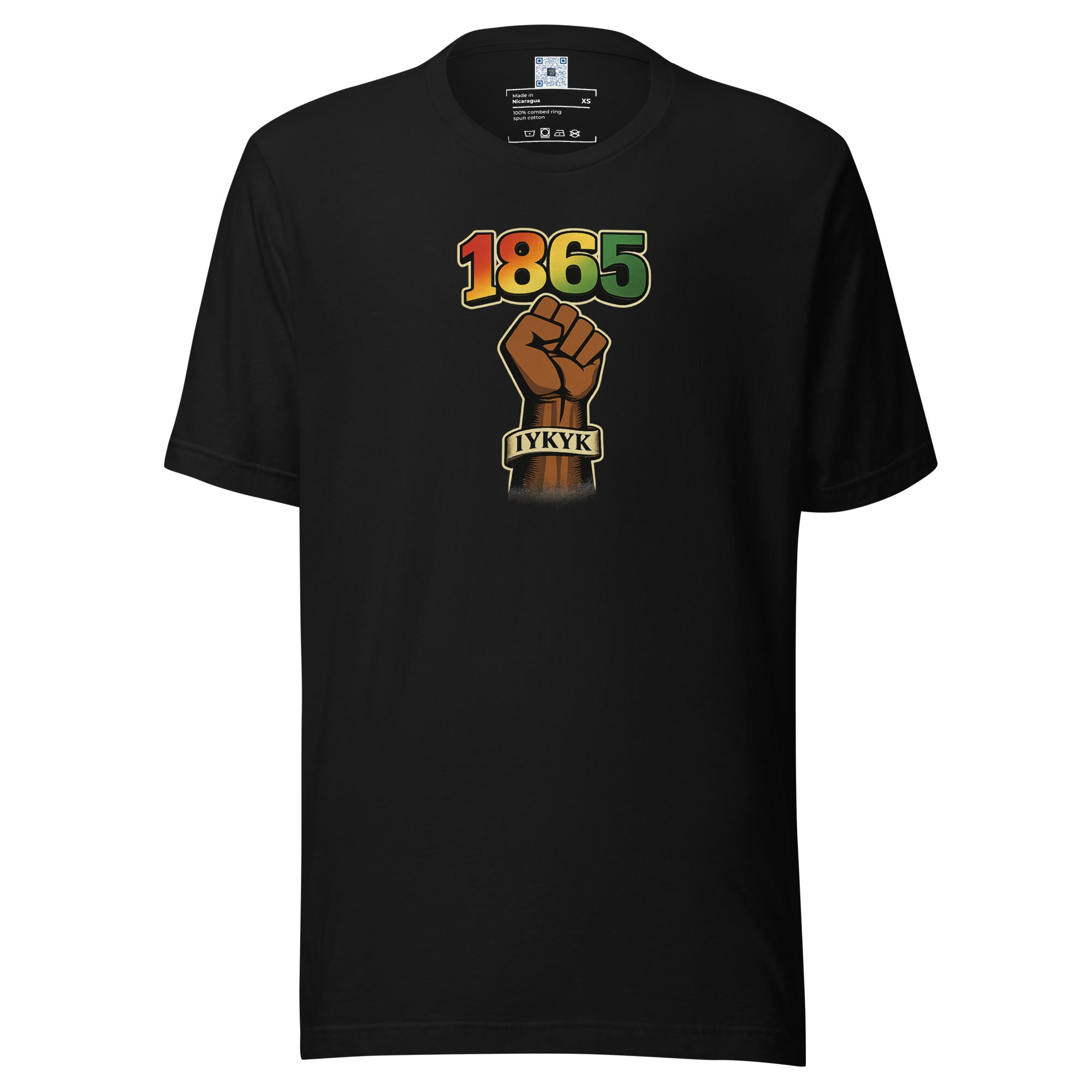 1865 IYKYK graphic t-shirt featuring a black power fist and Juneteenth-inspired design celebrating freedom, resilience, and cultural pride.