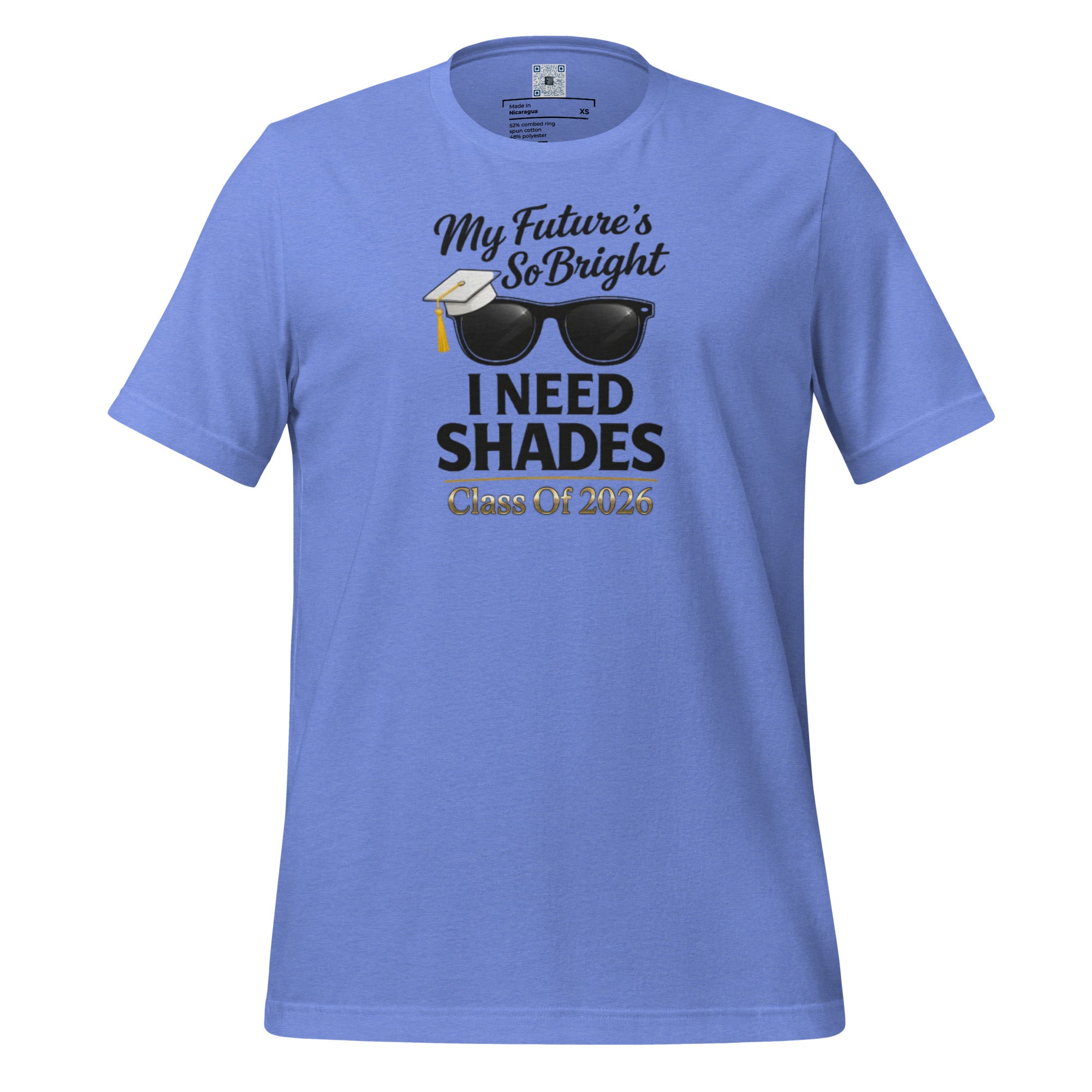 My Future’s So Bright I Need Shades t-shirt with bold text design, graduation shirt from Leveling Up collection.