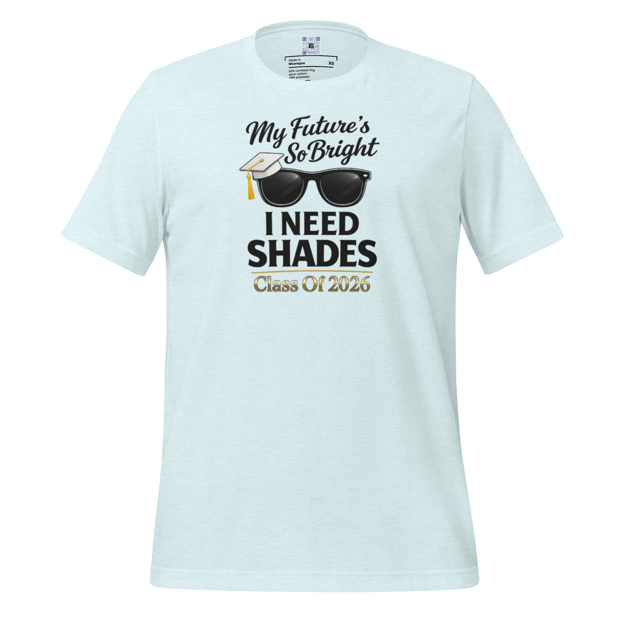 My Future’s So Bright I Need Shades t-shirt with bold text design, graduation shirt from Leveling Up collection.