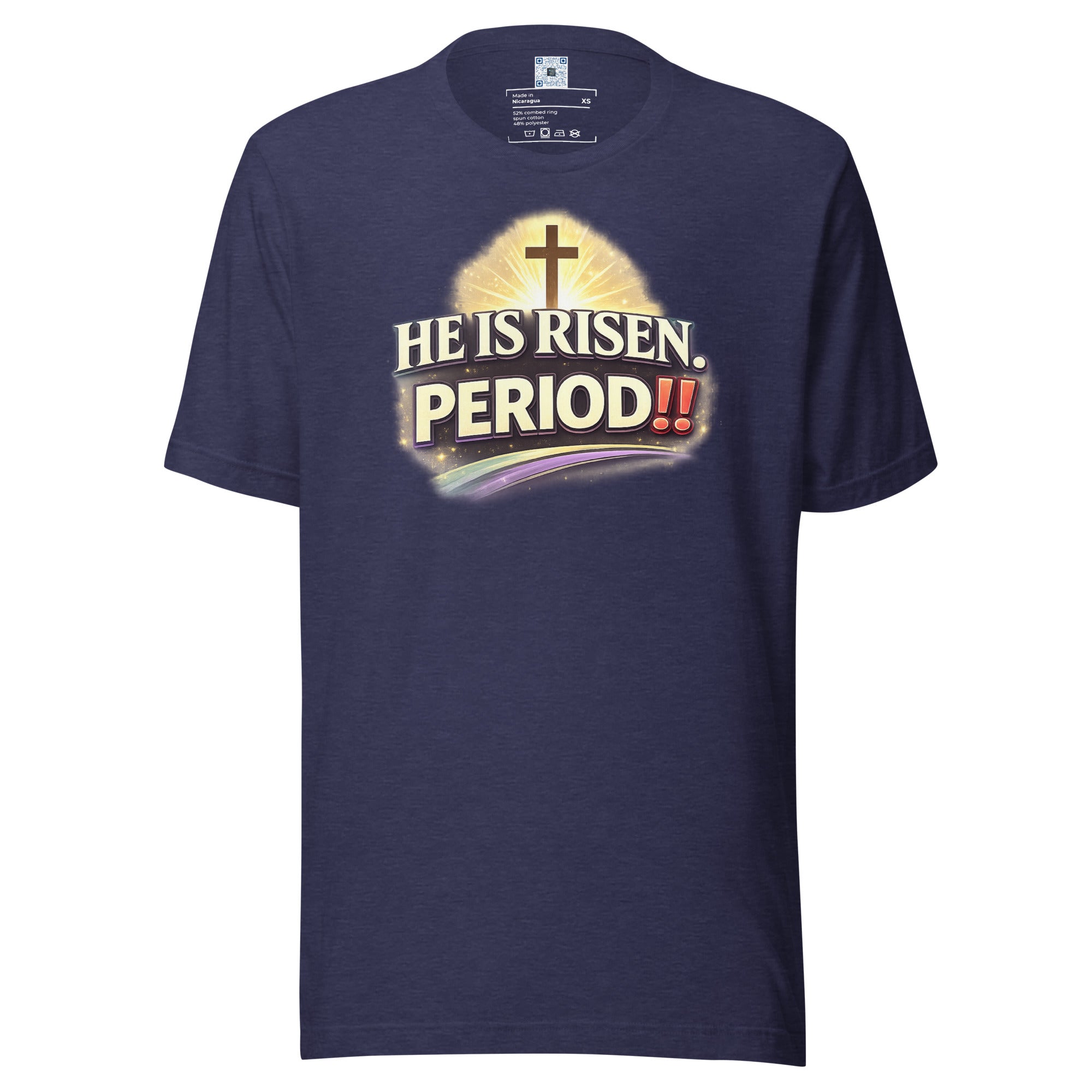 He Is Risen Period Easter t-shirt celebrating the resurrection and Easter Sunday faith message.