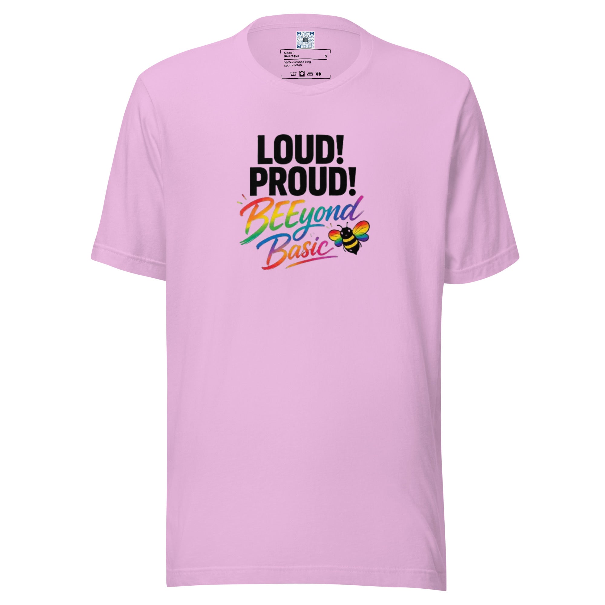 Loud! Proud! BEEyond Basic! Pride graphic t-shirt featuring colorful rainbow-inspired typography on a premium unisex tee.