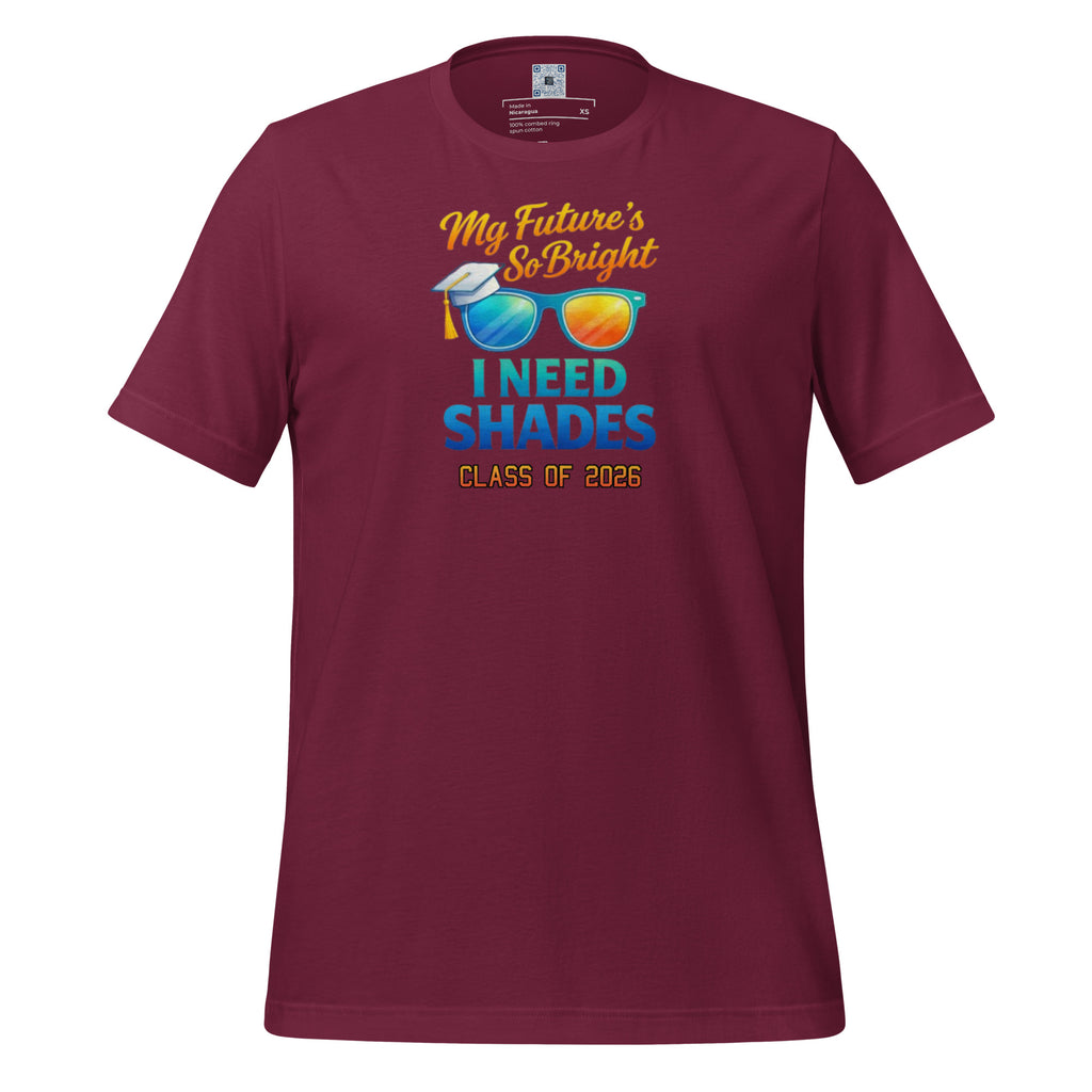 My Future’s So Bright I Need Shades t-shirt with bold text design, graduation shirt from Leveling Up collection.