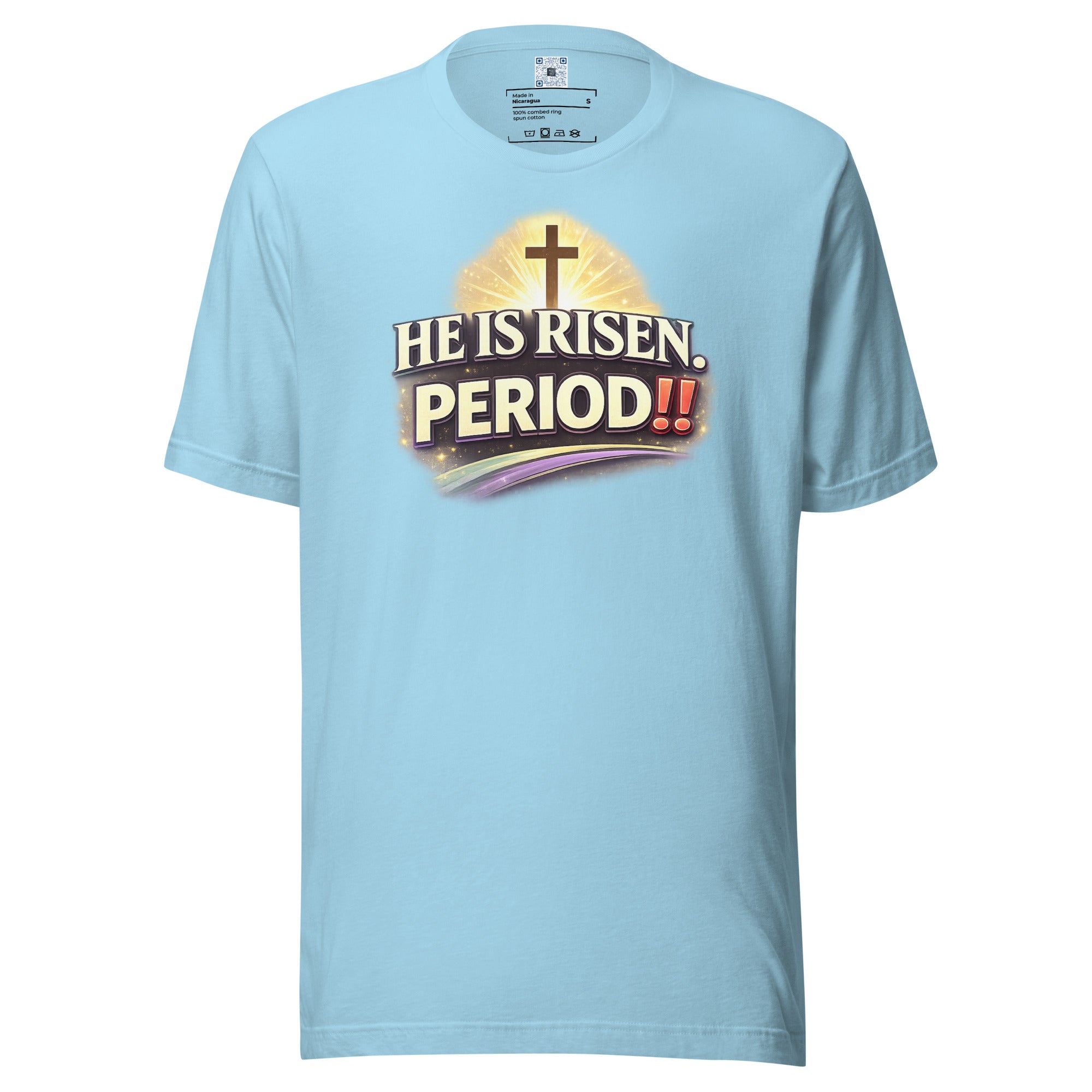 He Is Risen Period Easter t-shirt celebrating the resurrection and Easter Sunday faith message.