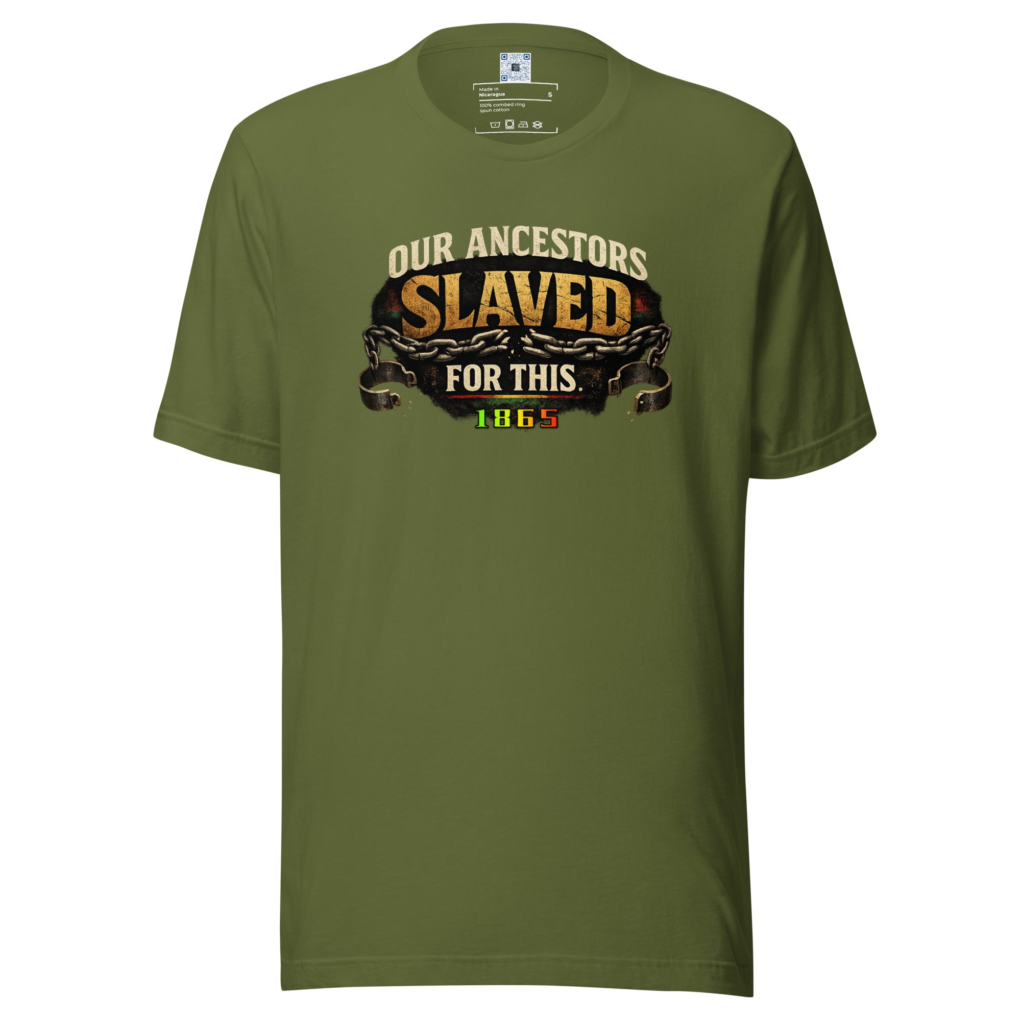 Our Ancestors Slaved For This graphic t-shirt featuring a Juneteenth-inspired design honoring resilience, freedom, sacrifice, and cultural heritage.